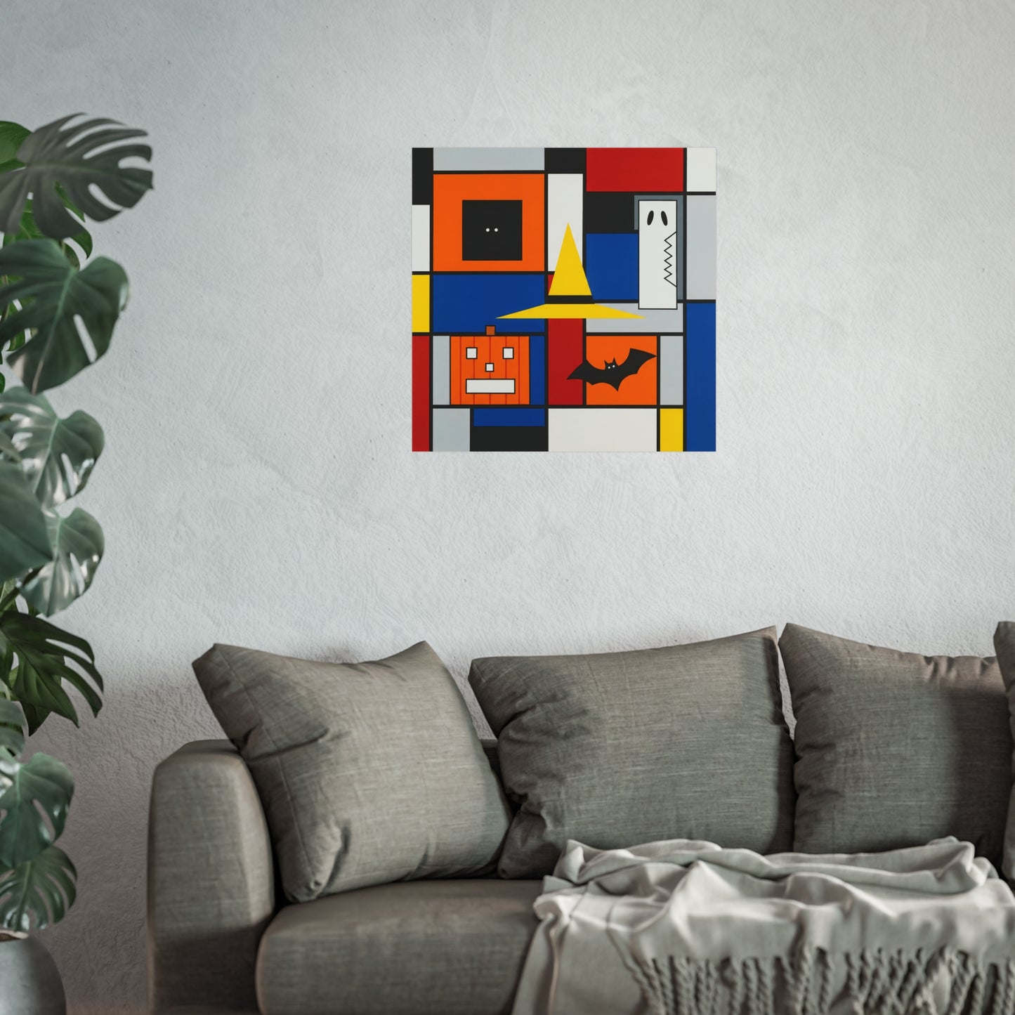 Modern Halloween Abstract Fine Art Print – Geometric Pumpkin, Witch Hat, Bat & Ghost Wall Art Poster, Contemporary Autumn Decor