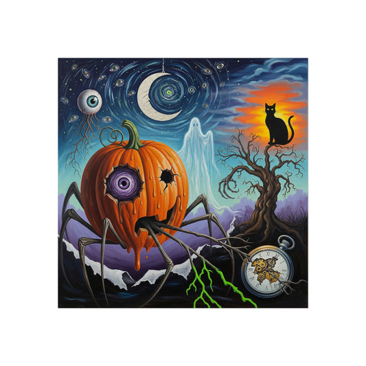 Surreal Halloween Fine Art Print – Spooky Pumpkin Spider, Ghost, Black Cat & Moon Wall Art Poster, Gothic Surrealism Decor