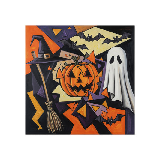 Cubist Halloween Fine Art Poster – Abstract Jack-O’-Lantern, Ghost & Witch Hat Wall Décor