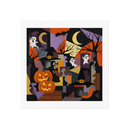 Halloween Cubist Abstract Fine Art Print – Pumpkins, Ghosts & Haunted Night Wall Art Poster, Modern Spooky Autumn Decor