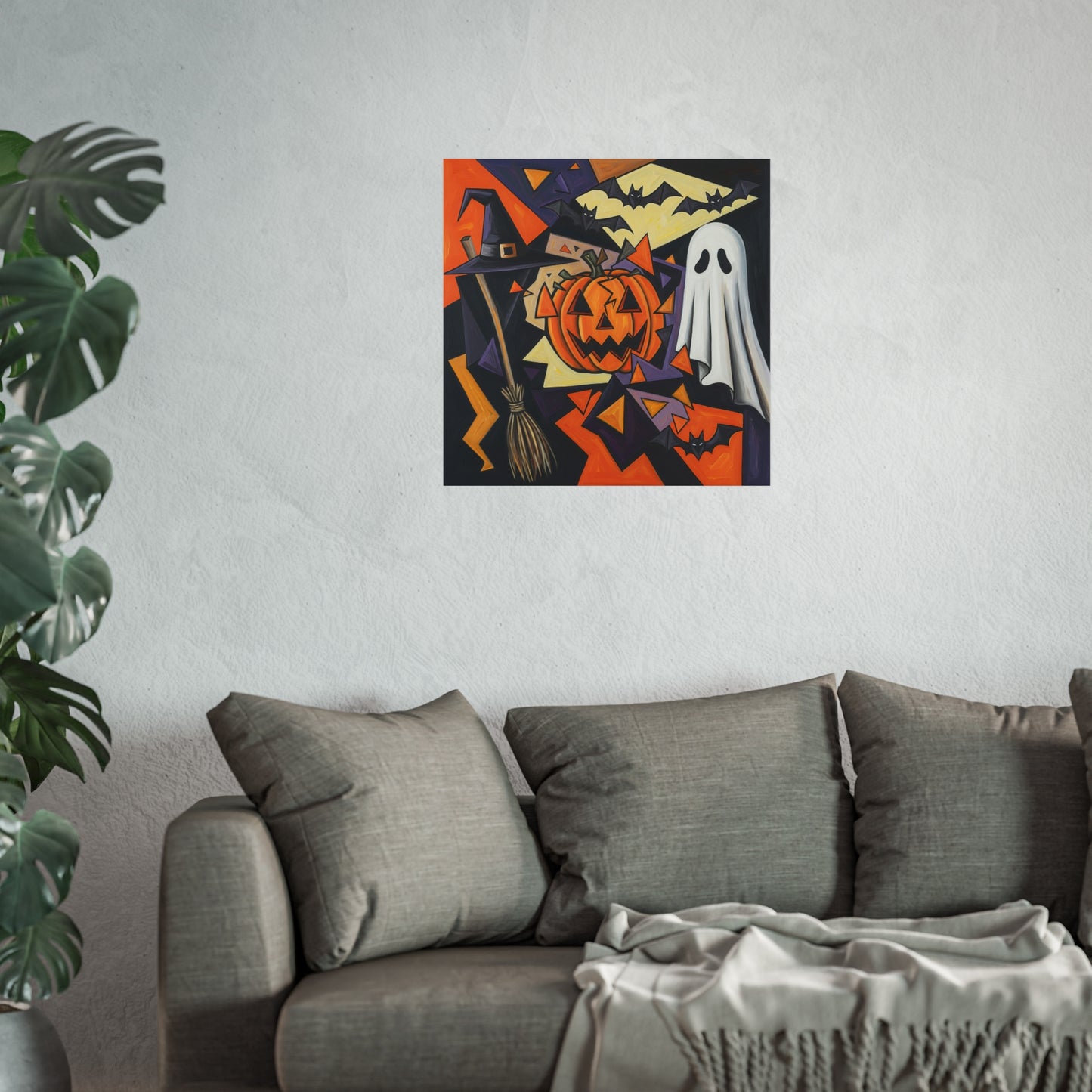 Cubist Halloween Fine Art Poster – Abstract Jack-O’-Lantern, Ghost & Witch Hat Wall Décor