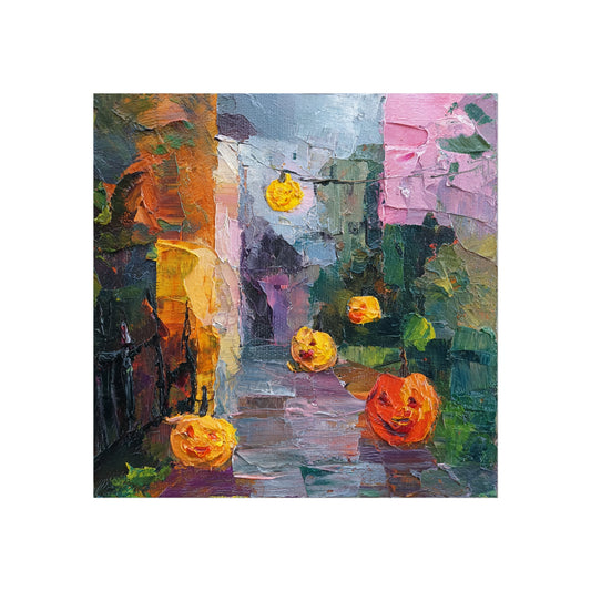 Halloween Pumpkin Abstract Fine Art Print – Colorful Street Scene Wall Art Poster, Modern Autumn Home Decor