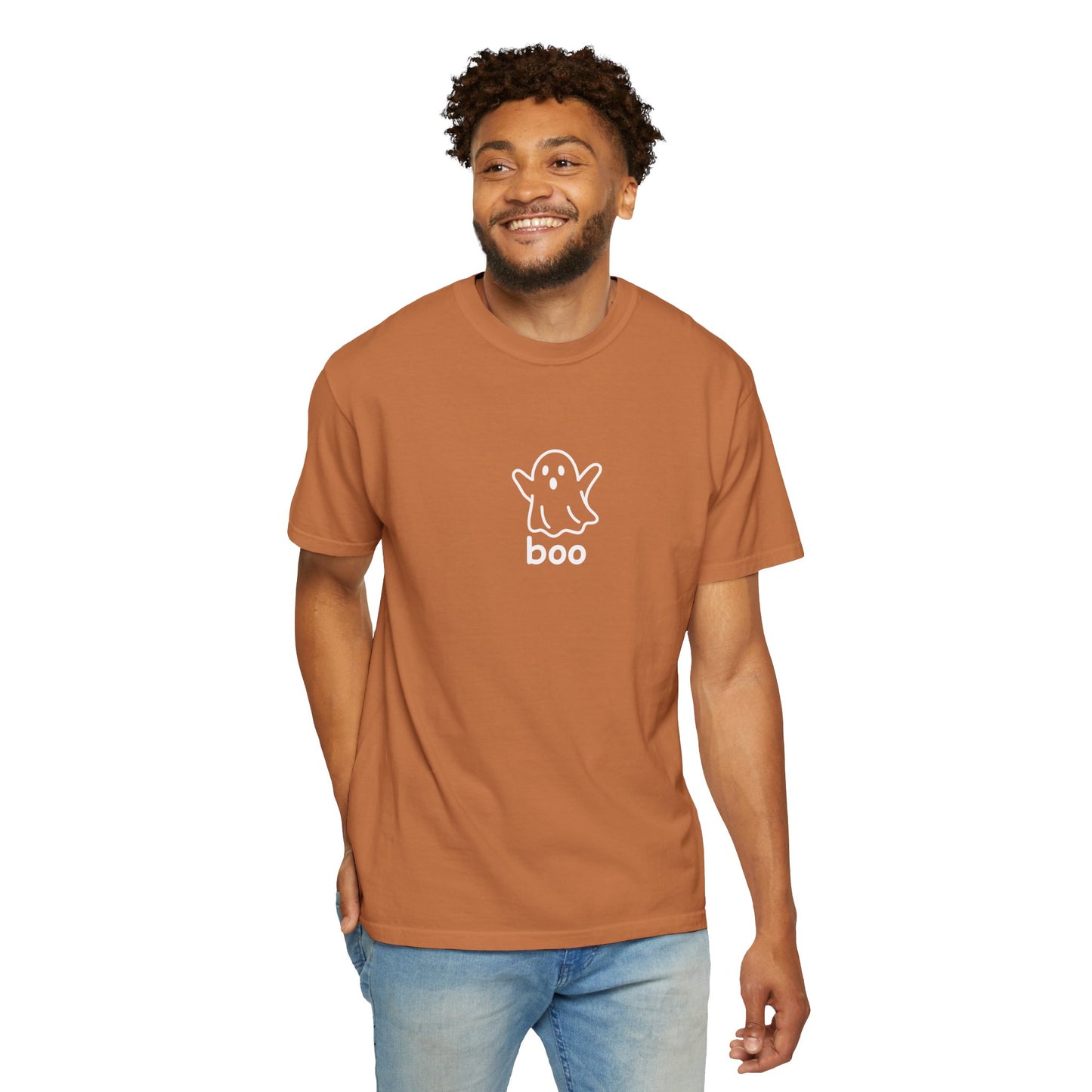Man wearing a brown t-shirt with a ghost and 'boo' graphic on a white background