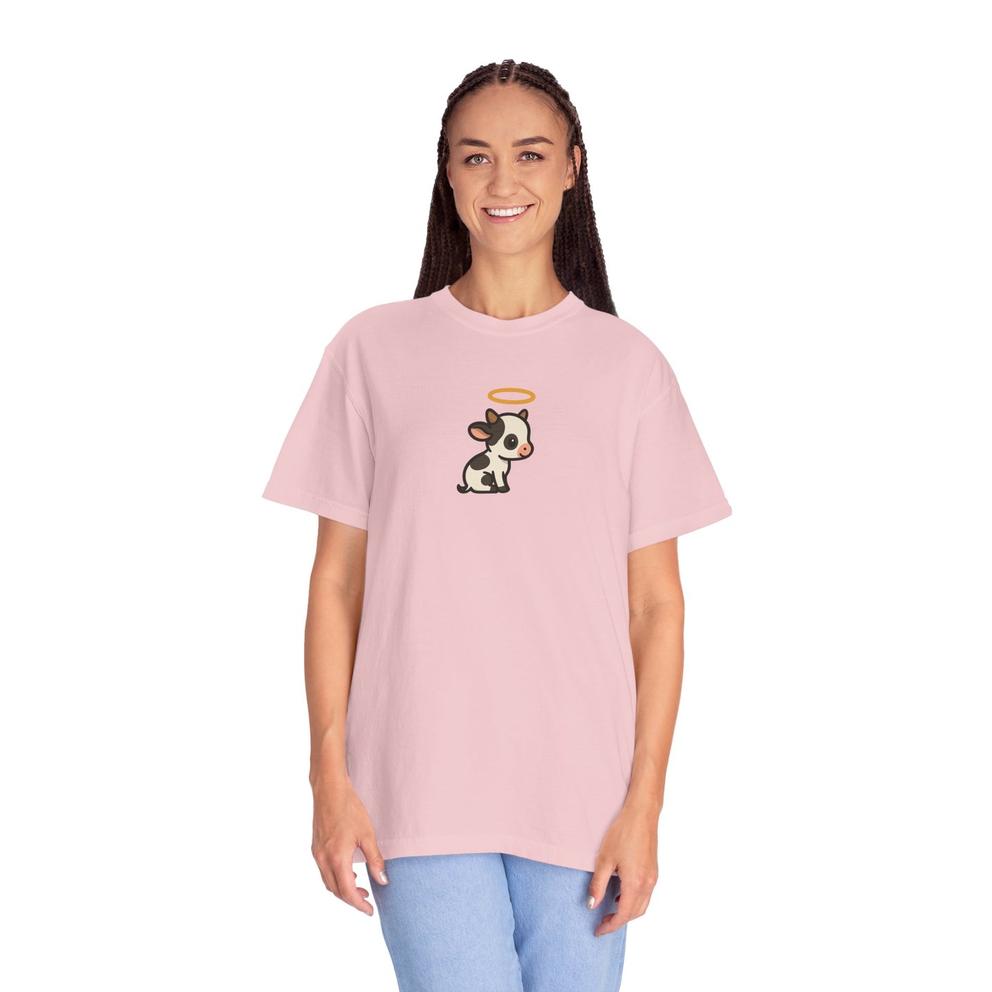 Person wearing a pink t-shirt with a holy cow graphic on a white background