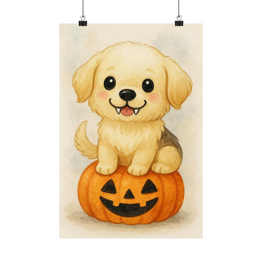 Cute Halloween Puppy Monster Print – Yellow Lab Puppy on Jack-o’-Lantern Pumpkin | Watercolor Dog Wall Art for Fall & Halloween Décor