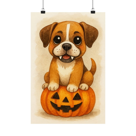 Cute Halloween Puppy Monster Print – Boxer Puppy on Jack-o’-Lantern Pumpkin | Watercolor Dog Wall Art for Fall & Halloween Décor