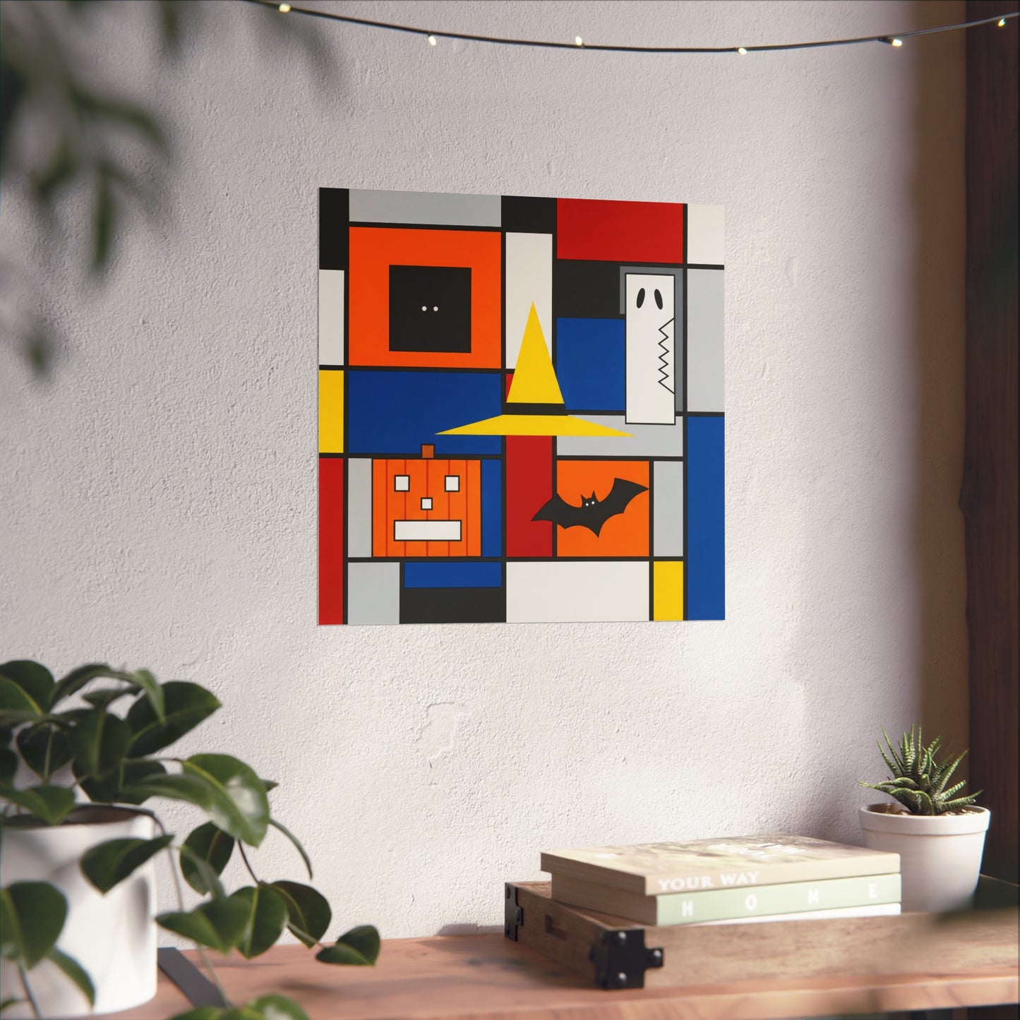 Modern Halloween Abstract Fine Art Print – Geometric Pumpkin, Witch Hat, Bat & Ghost Wall Art Poster, Contemporary Autumn Decor