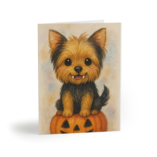 Halloween Yorkshire Terrier Puppy Greeting Card – Cute Puppy Monster on Pumpkin – Spooky Cute Monster Card for Dog Lovers