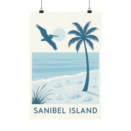 Sanibel Island Poster – Blue Tones - Retro Beach Travel Wall Art, Seashell & Palm Tree Coastal Print, Florida Vintage Decor