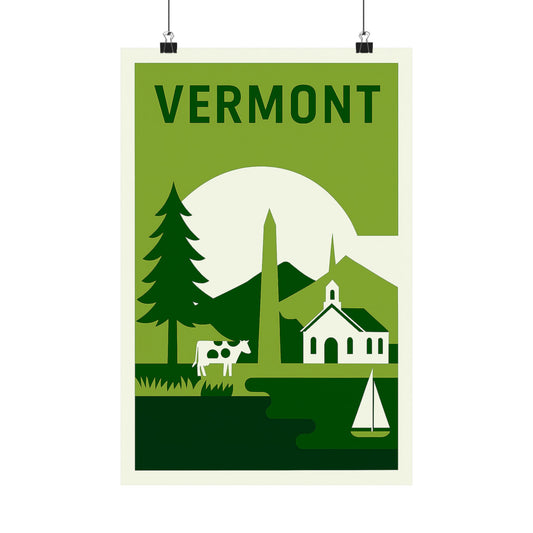 Vermont Travel Poster, Green Tones, Retro Vintage Wall Art Print, New England Landscape, Mountain & Lake Decor