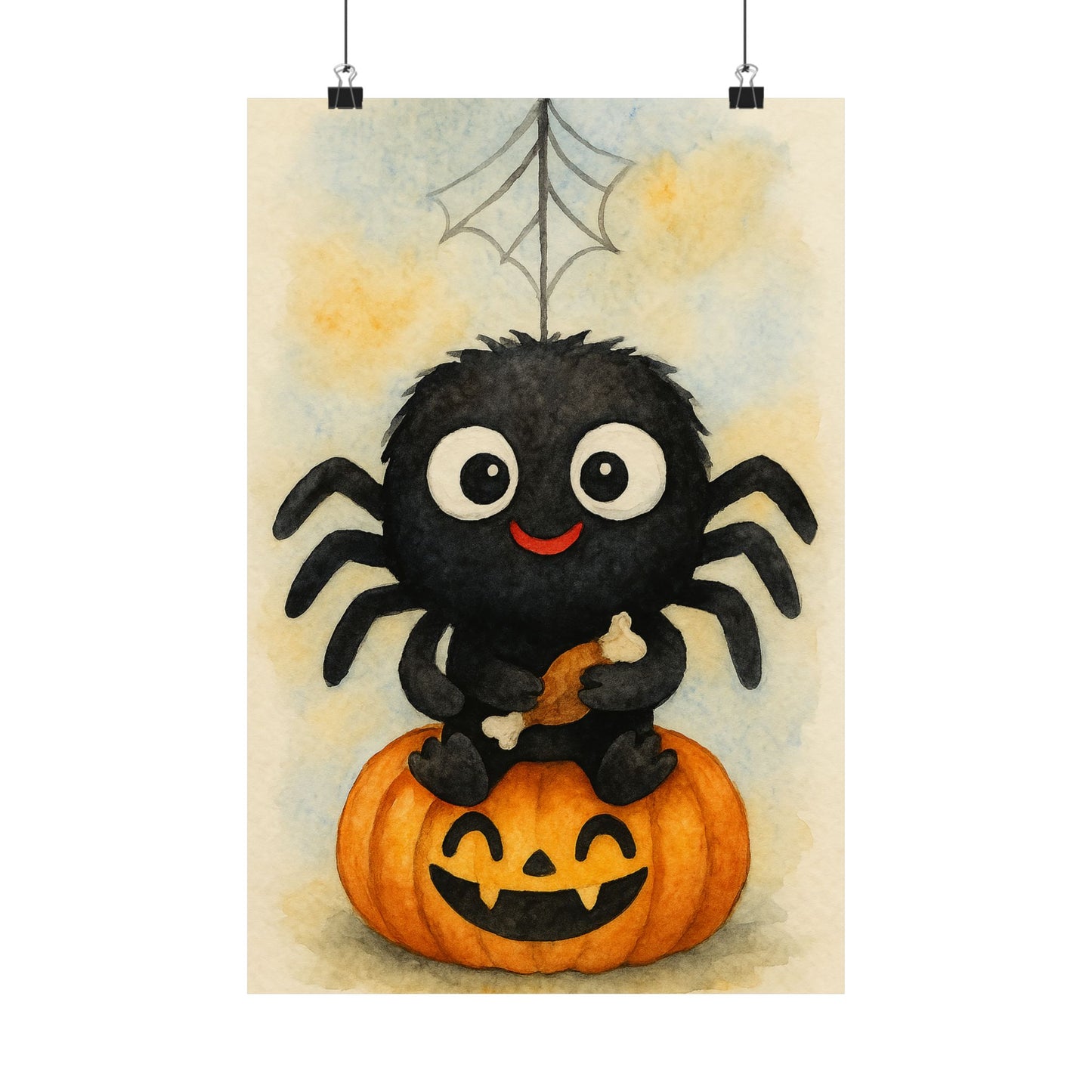 Cute Baby Black Spider Halloween Wall Art Poster – Watercolor Monster Print on Pumpkin – Whimsical Nursery & Holiday Decor