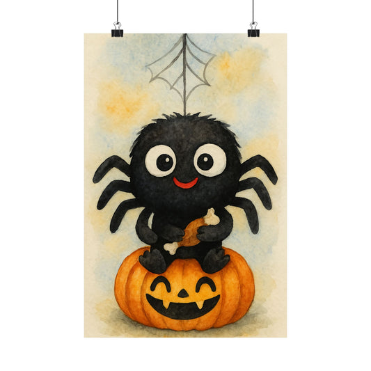 Cute Baby Black Spider Halloween Wall Art Poster – Watercolor Monster Print on Pumpkin – Whimsical Nursery & Holiday Decor