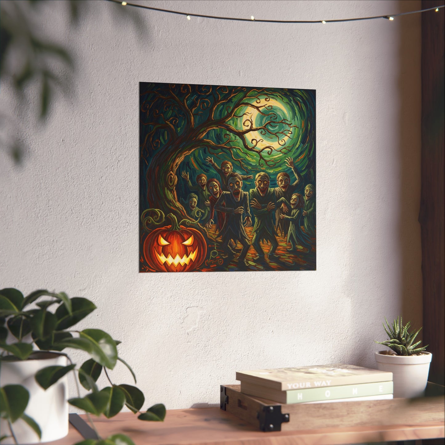 Halloween Zombies Expressionist Fine Art Print – Creepy Pumpkin & Full Moon Wall Art Poster, Spooky Gothic Autumn Decor
