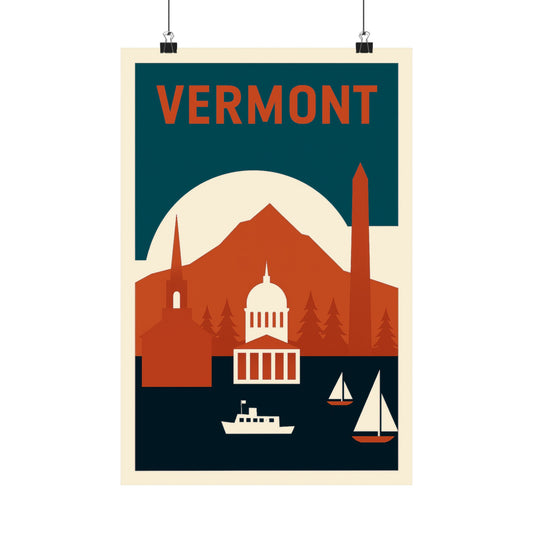 Vermont Travel Poster – Retro Vintage Wall Art Print, New England Landscape, Mountain & Lake Decor