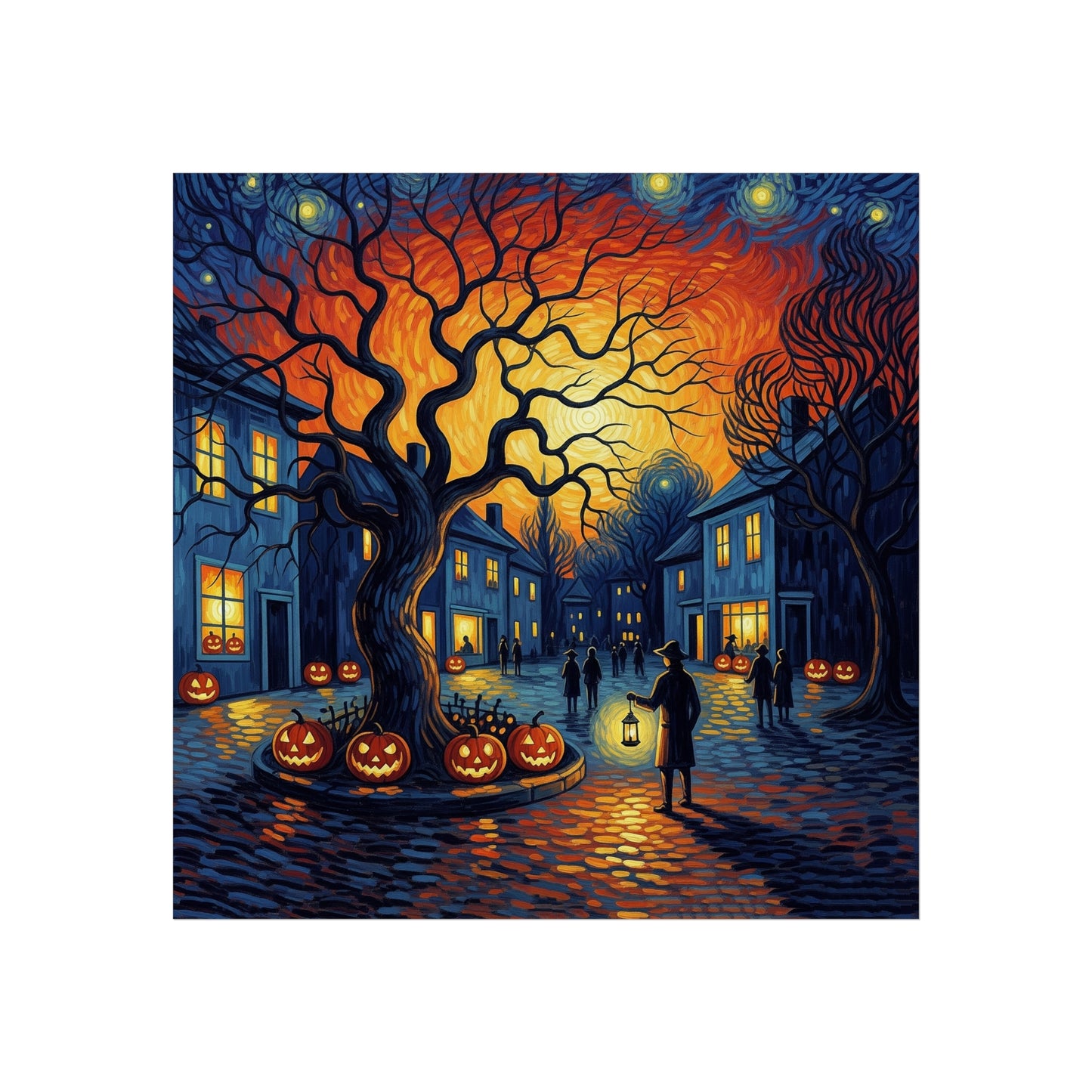 Halloween Town Square Fine Art Print – Post-Impressionist Pumpkin Lanterns & Glowing Night Sky Wall Art Poster