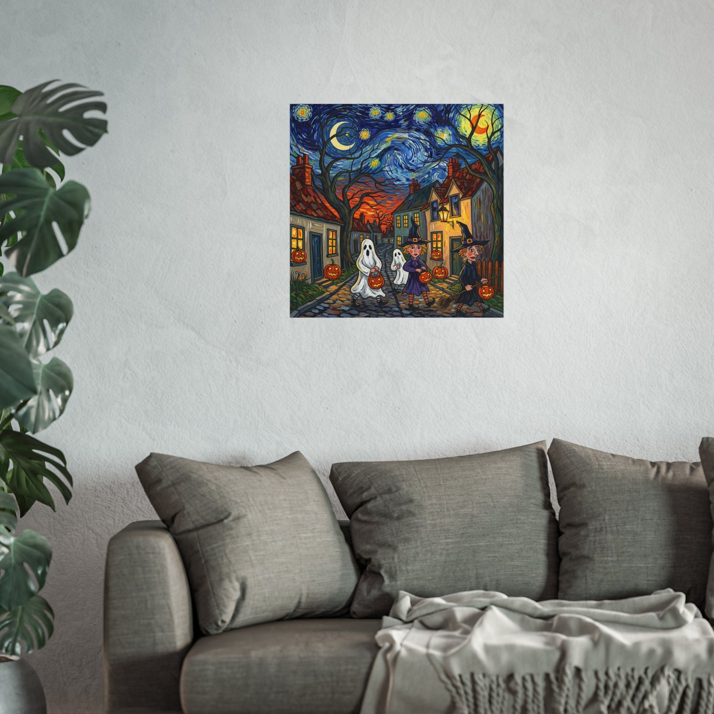 Halloween Trick-or-Treat Fine Art Print – Post-Impressionist Witches, Ghosts & Pumpkins Wall Art Poster