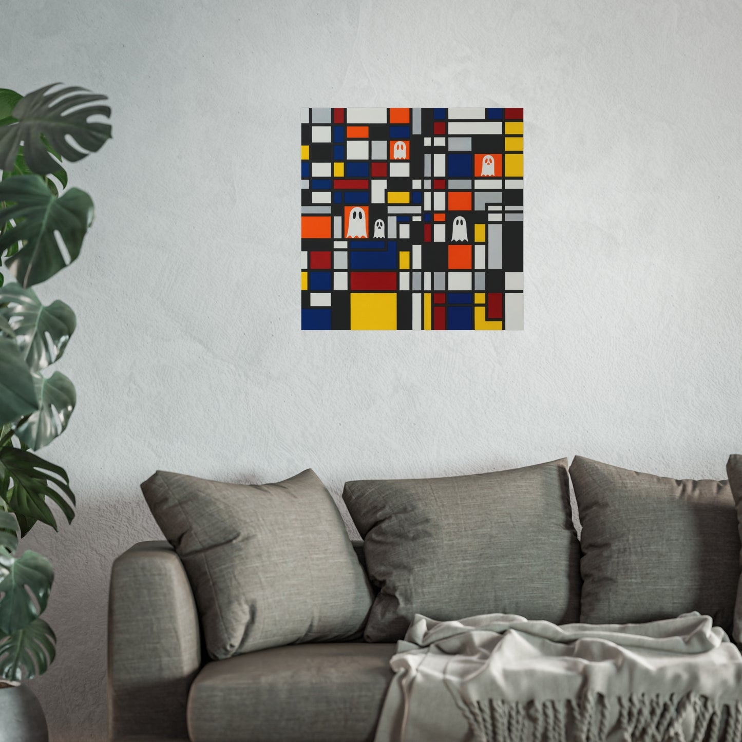 Modern Halloween Ghost Fine Art Print – Mondrian Style Abstract Wall Art Poster, Contemporary Spooky Autumn Decor