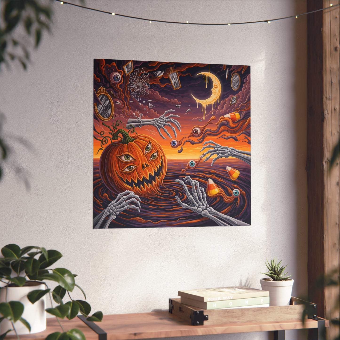 Surreal Halloween Fine Art Print – Three-Eyed Pumpkin, Skeleton Hands & Dripping Moon Wall Art Poster, Gothic Surrealism Decor