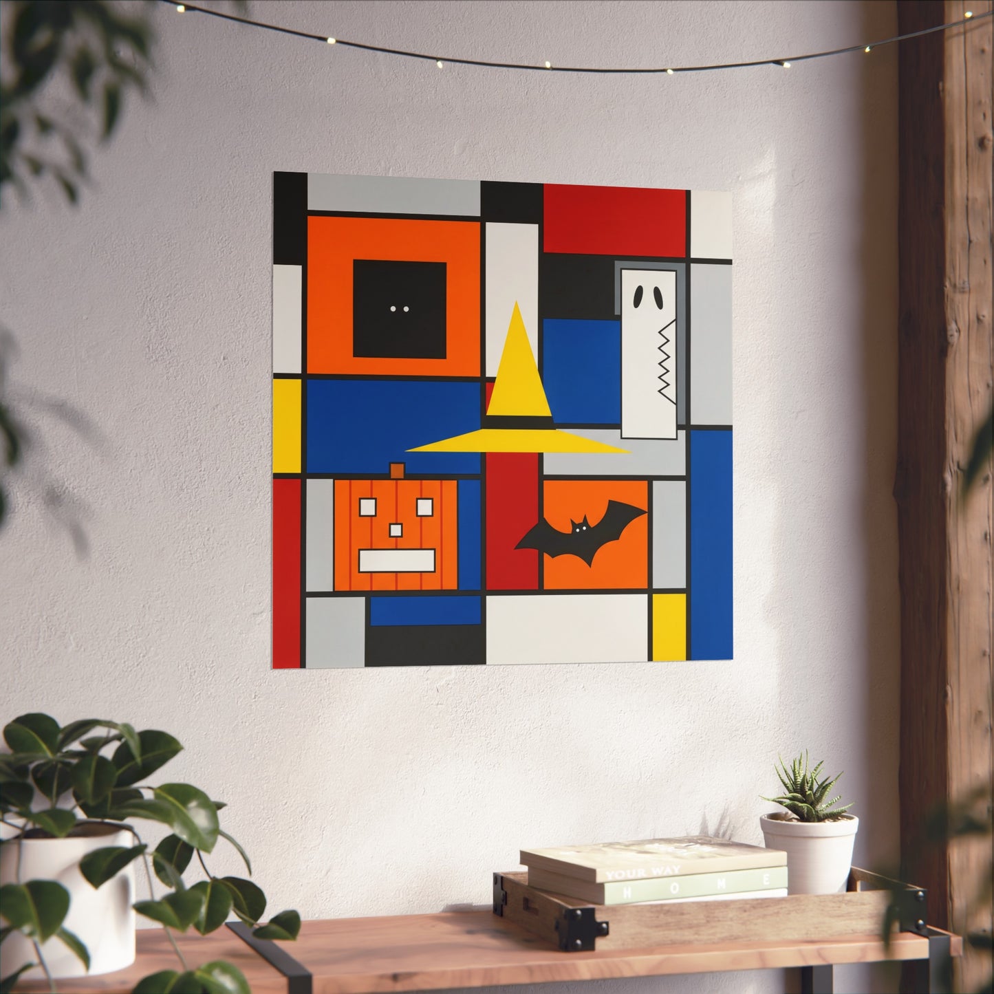 Modern Halloween Abstract Fine Art Print – Geometric Pumpkin, Witch Hat, Bat & Ghost Wall Art Poster, Contemporary Autumn Decor