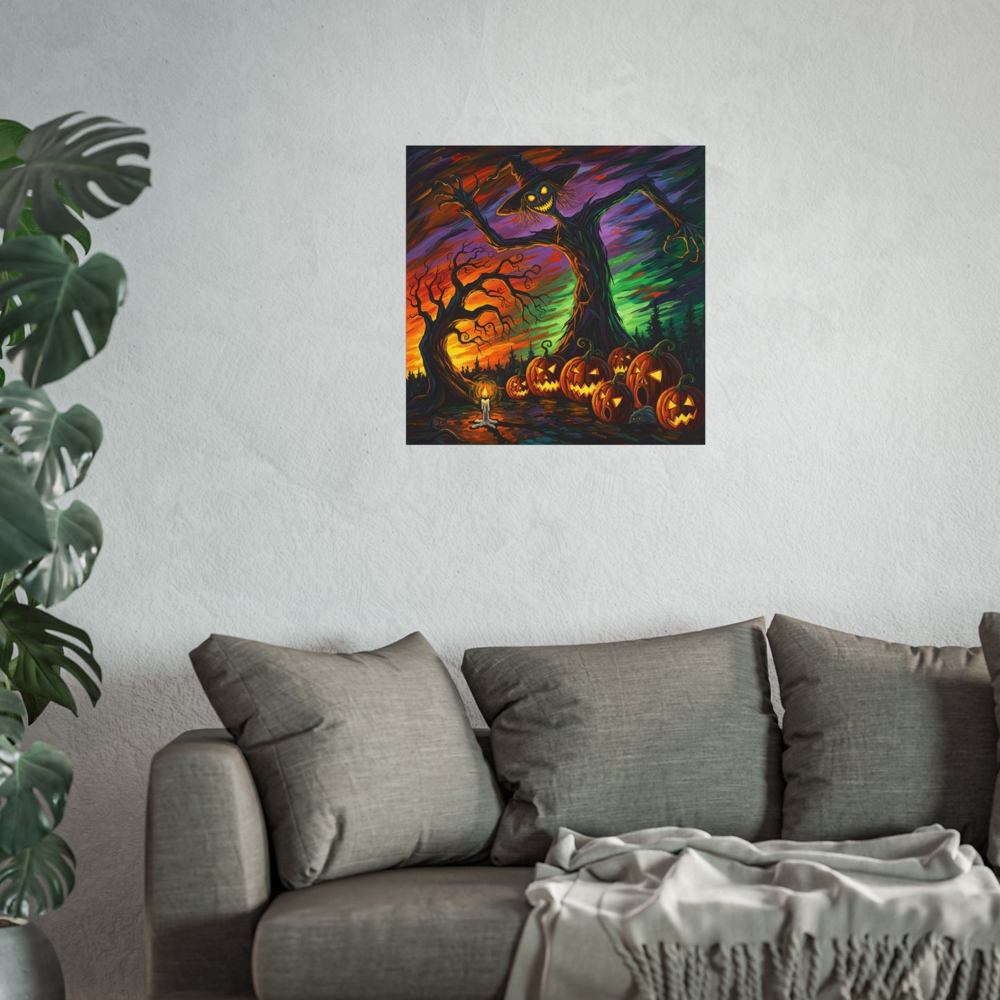 Halloween Scarecrow Expressionist Fine Art Print – Creepy Pumpkin Patch Wall Art Poster, Spooky Autumn Gothic Decor