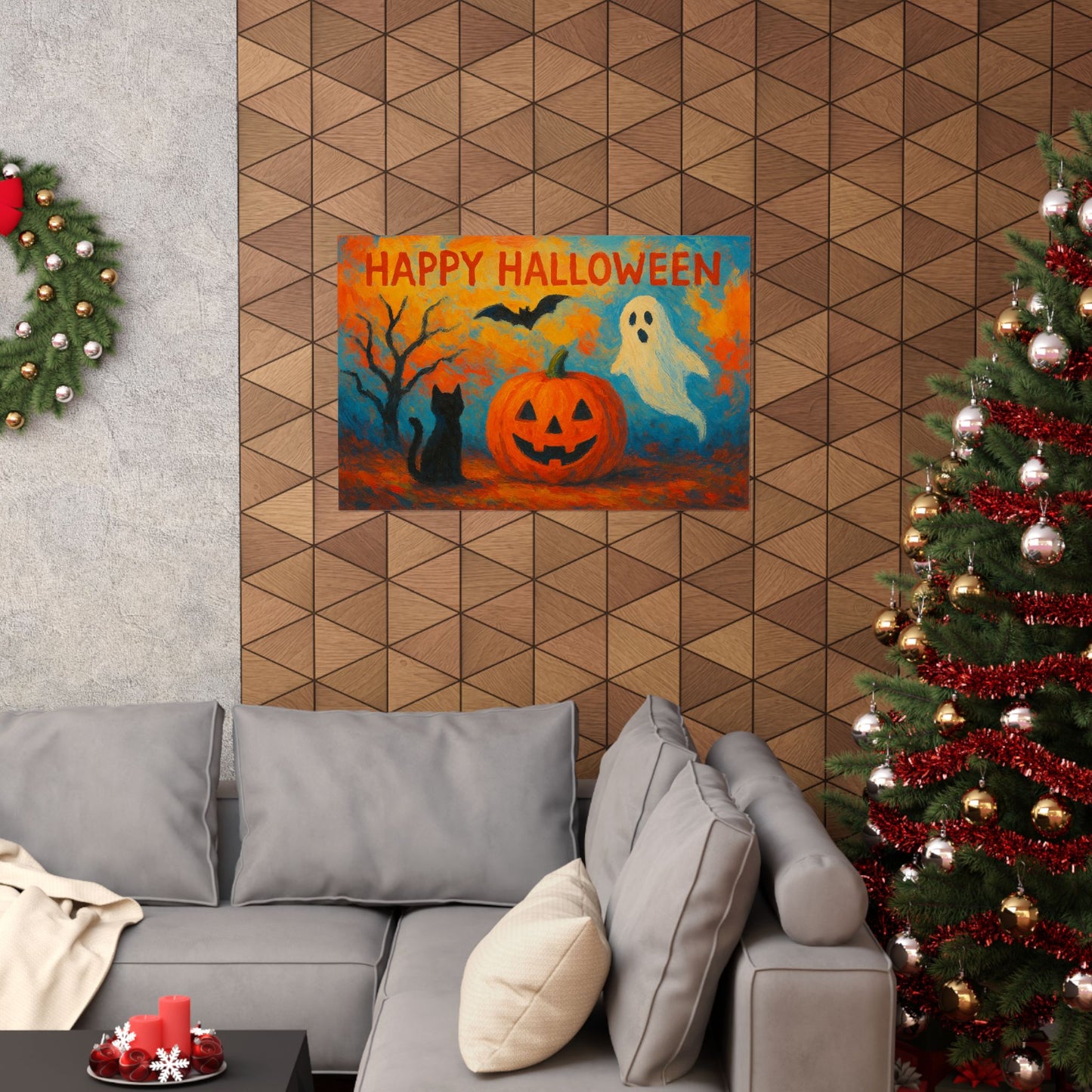 Happy Halloween Pumpkin, Bat, Ghost, & Black Cat Poster – Spooky Wall Art, Halloween Wall Art, Autumn Home Decor