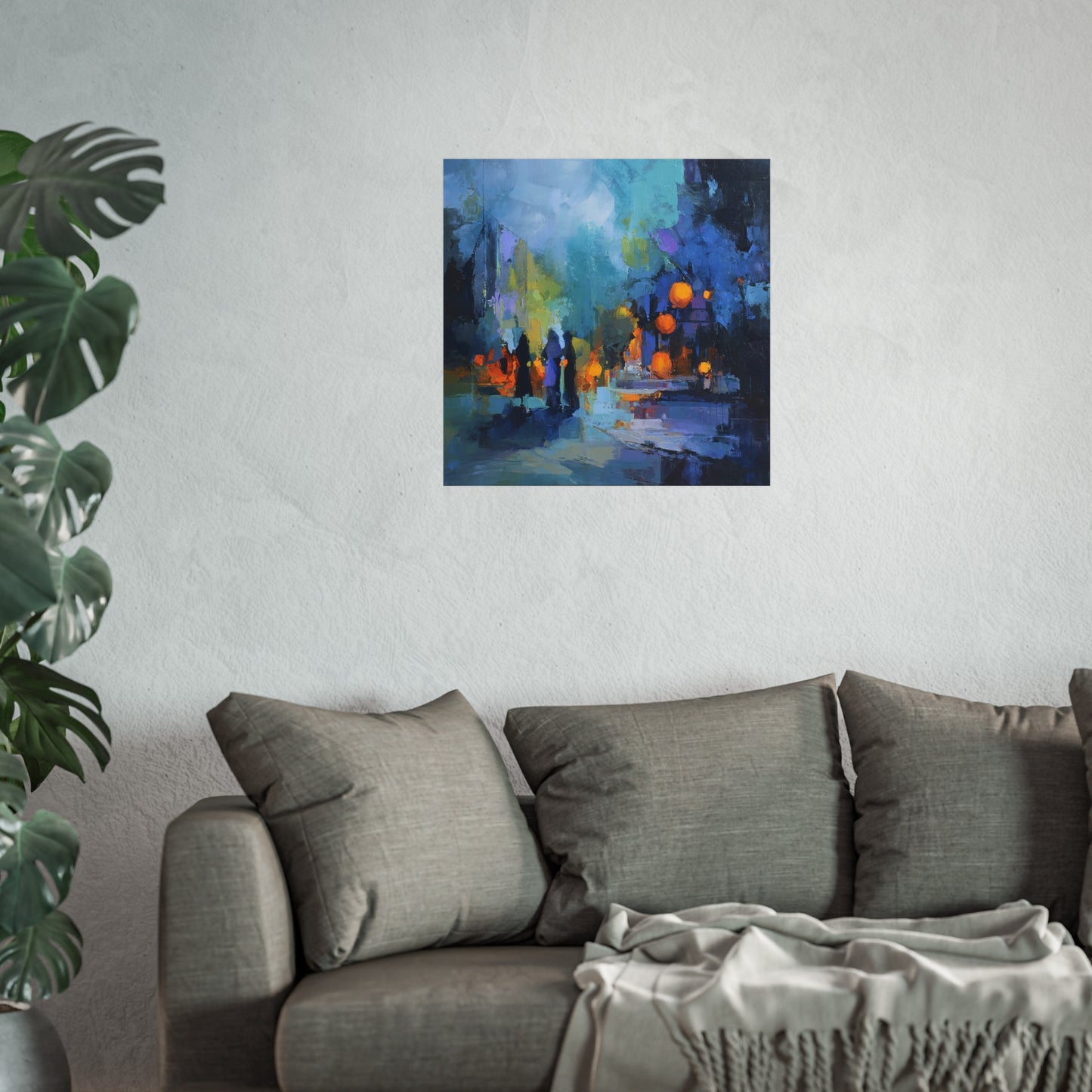 Halloween Abstract Street Scene Fine Art Print – Colorful Nighttime Pumpkin Lantern Wall Art, Spooky Autumn Decor Poster