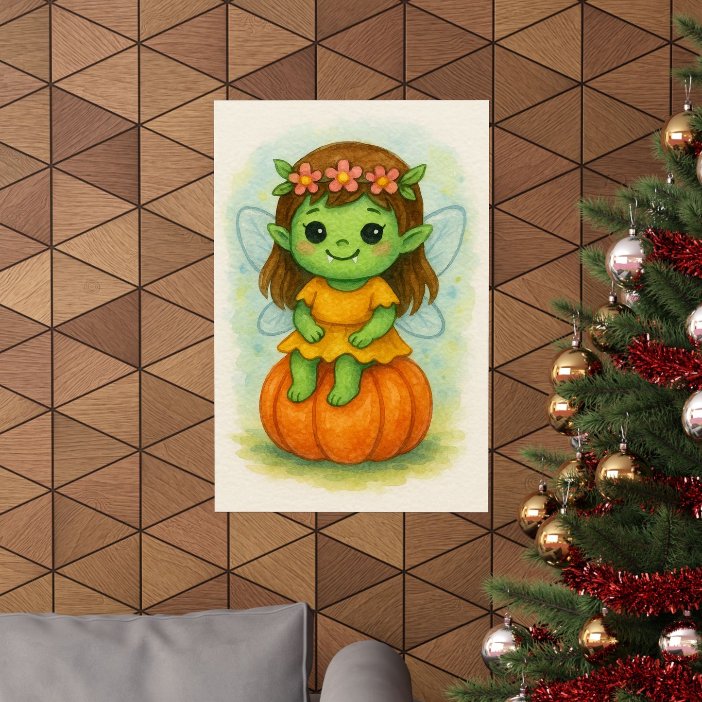 Cute Baby Fairy Monster Halloween Wall Art Poster – Watercolor Monster Print on Pumpkin – Whimsical Nursery & Holiday Decor