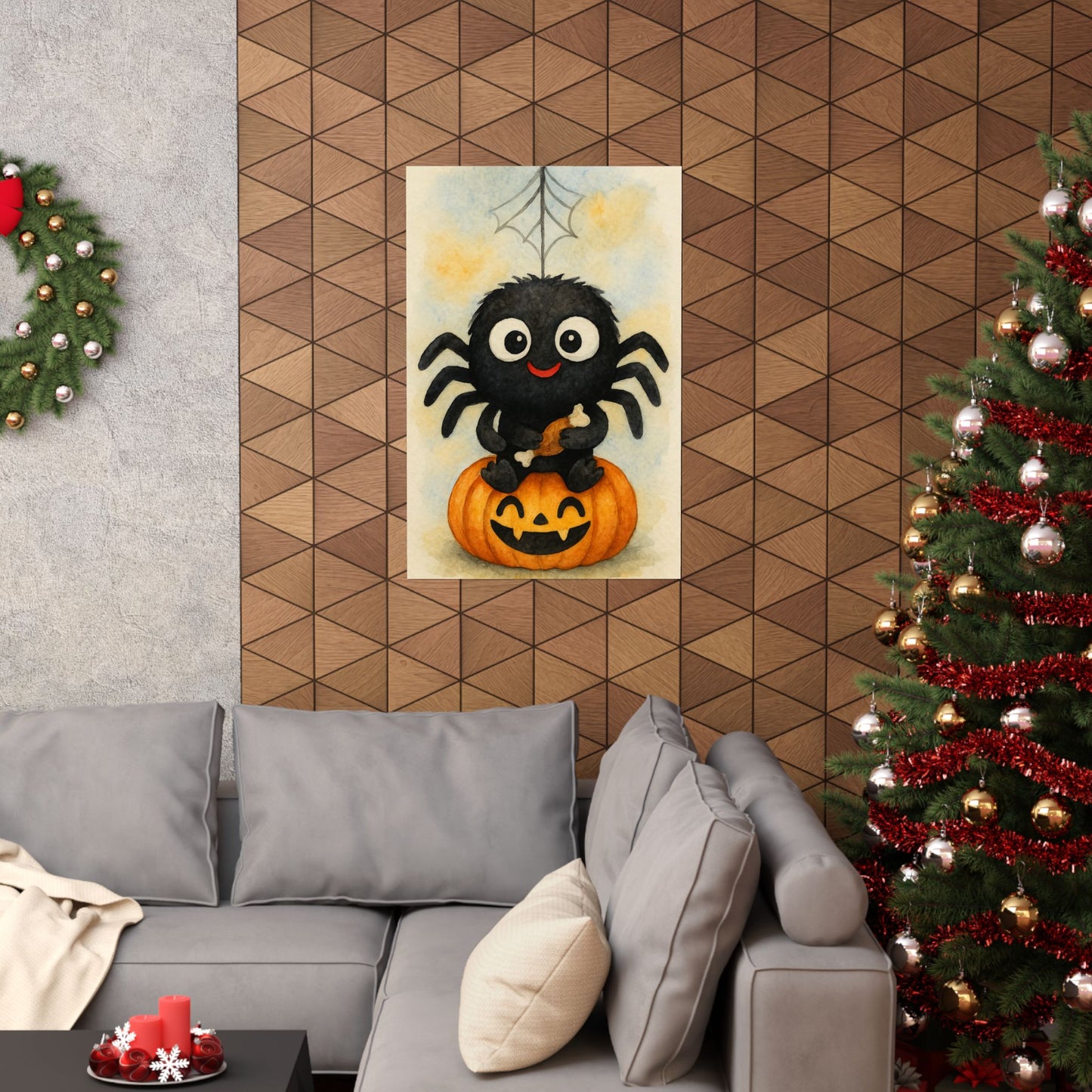 Cute Baby Black Spider Halloween Wall Art Poster – Watercolor Monster Print on Pumpkin – Whimsical Nursery & Holiday Decor