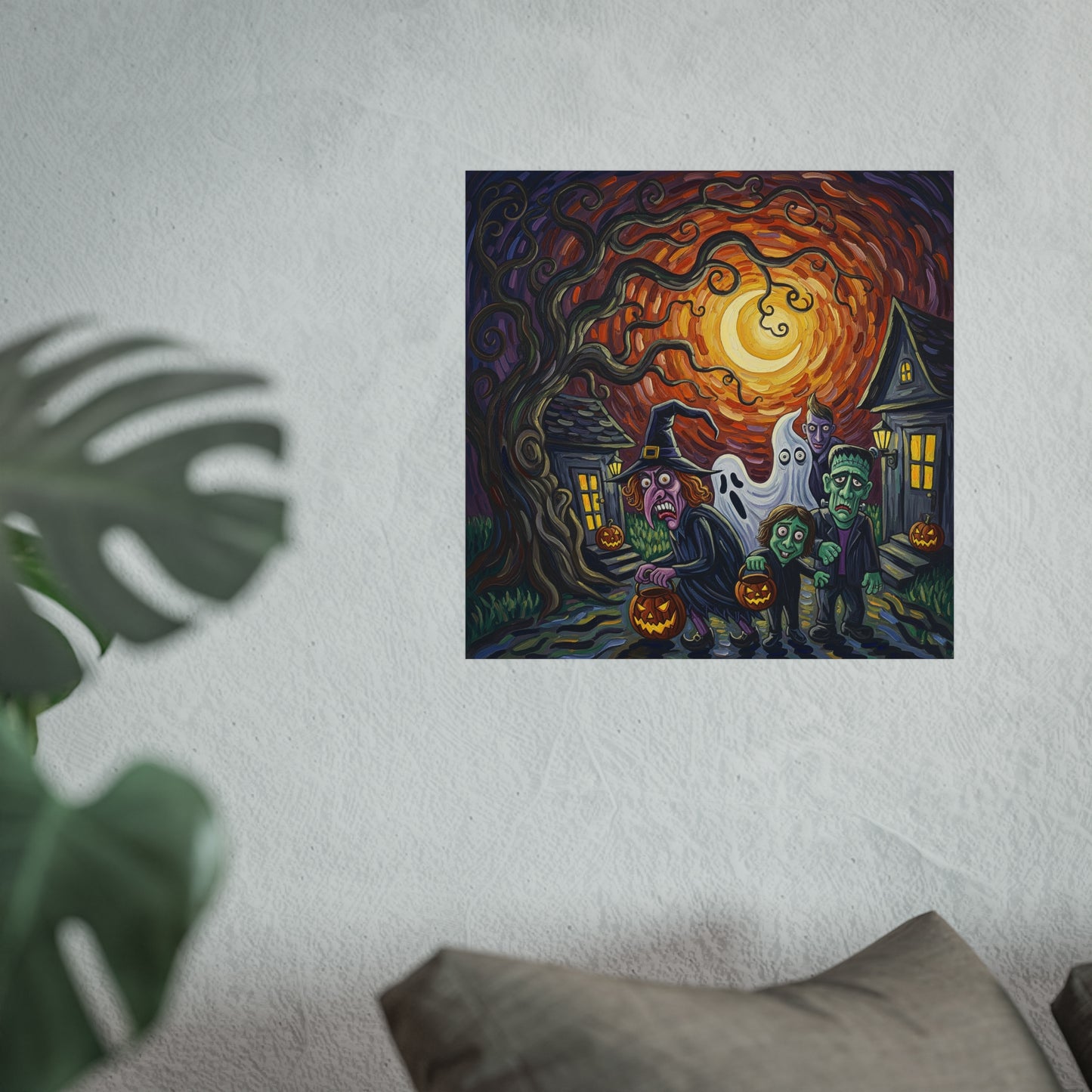 Halloween Monsters Fine Art Print – Post-Impressionist Wall Art Poster with Witch, Ghost, Frankenstein & Spooky Night Scene