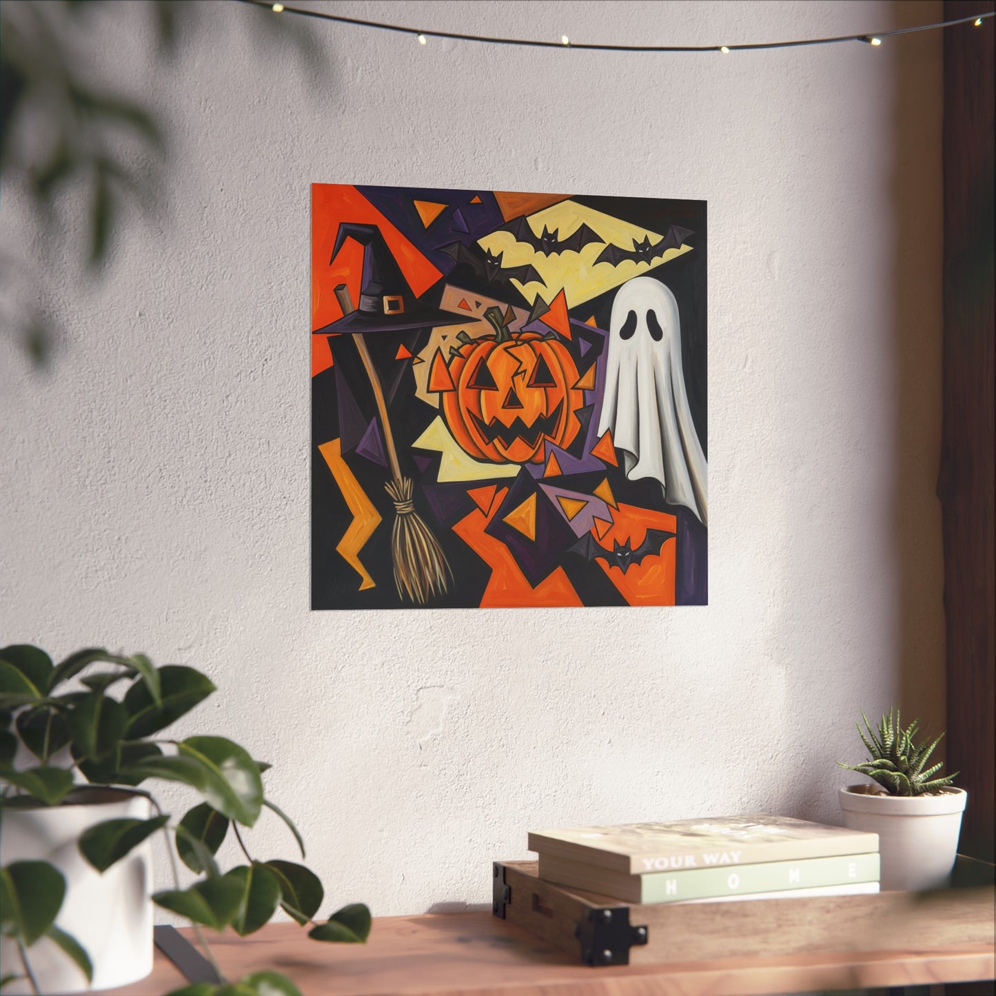 Cubist Halloween Fine Art Poster – Abstract Jack-O’-Lantern, Ghost & Witch Hat Wall Décor