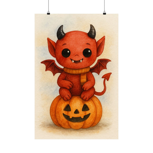 Cute Baby Demon Monster Halloween Wall Art Poster – Watercolor Monster Print on Pumpkin – Whimsical Nursery & Holiday Decor