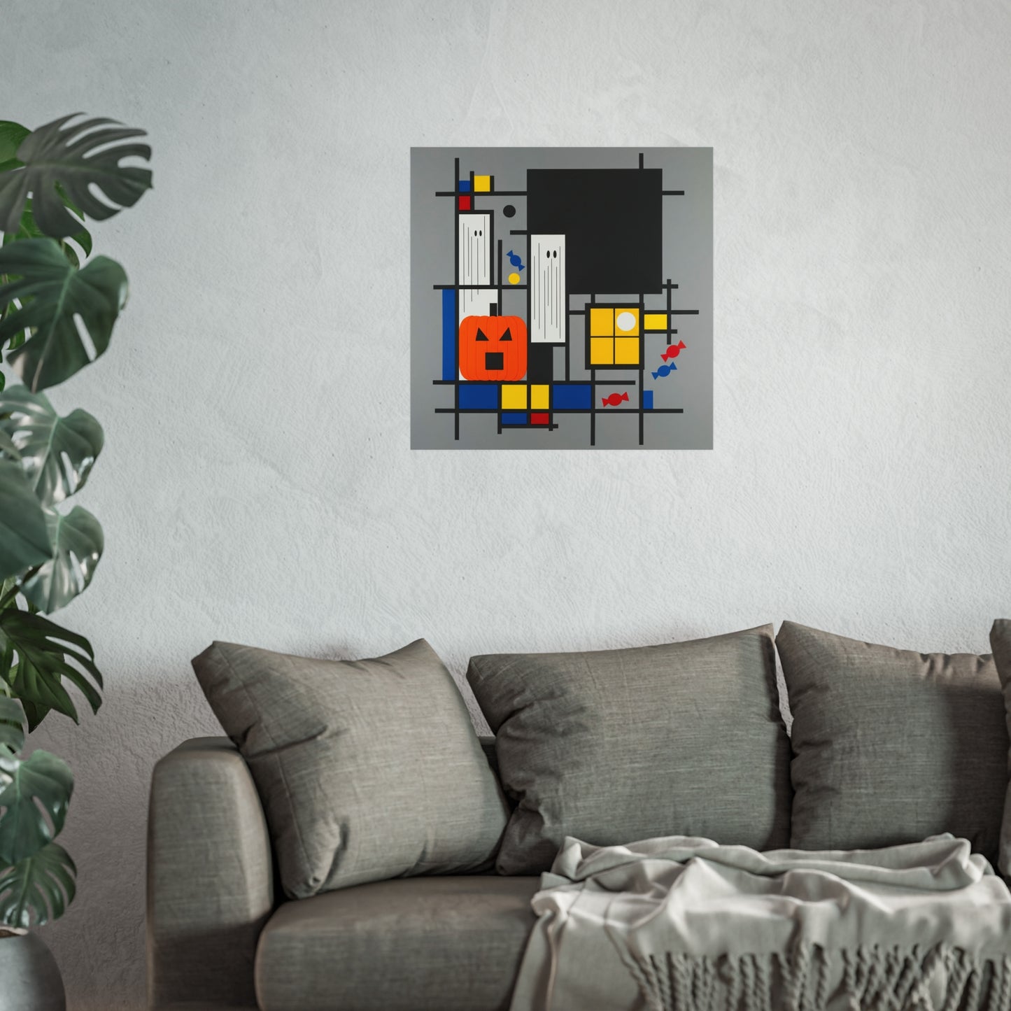 Modern Halloween Abstract Fine Art Print – Geometric Pumpkin, Ghosts & Candy Wall Art Poster, Mondrian Style Contemporary Decor