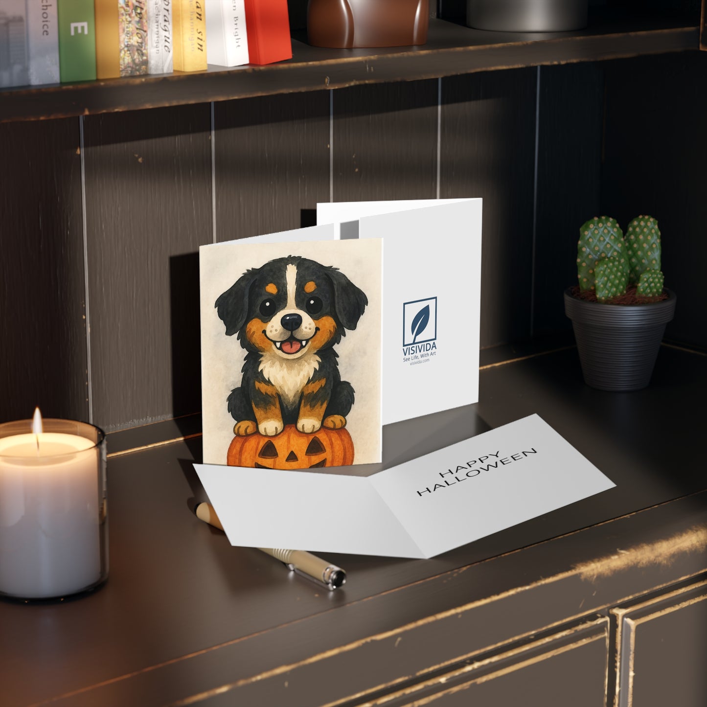 Halloween Bernese Mountain Dog Puppy Greeting Card – Cute Puppy Monster on Pumpkin – Spooky Cute Monster Card for Dog Lovers