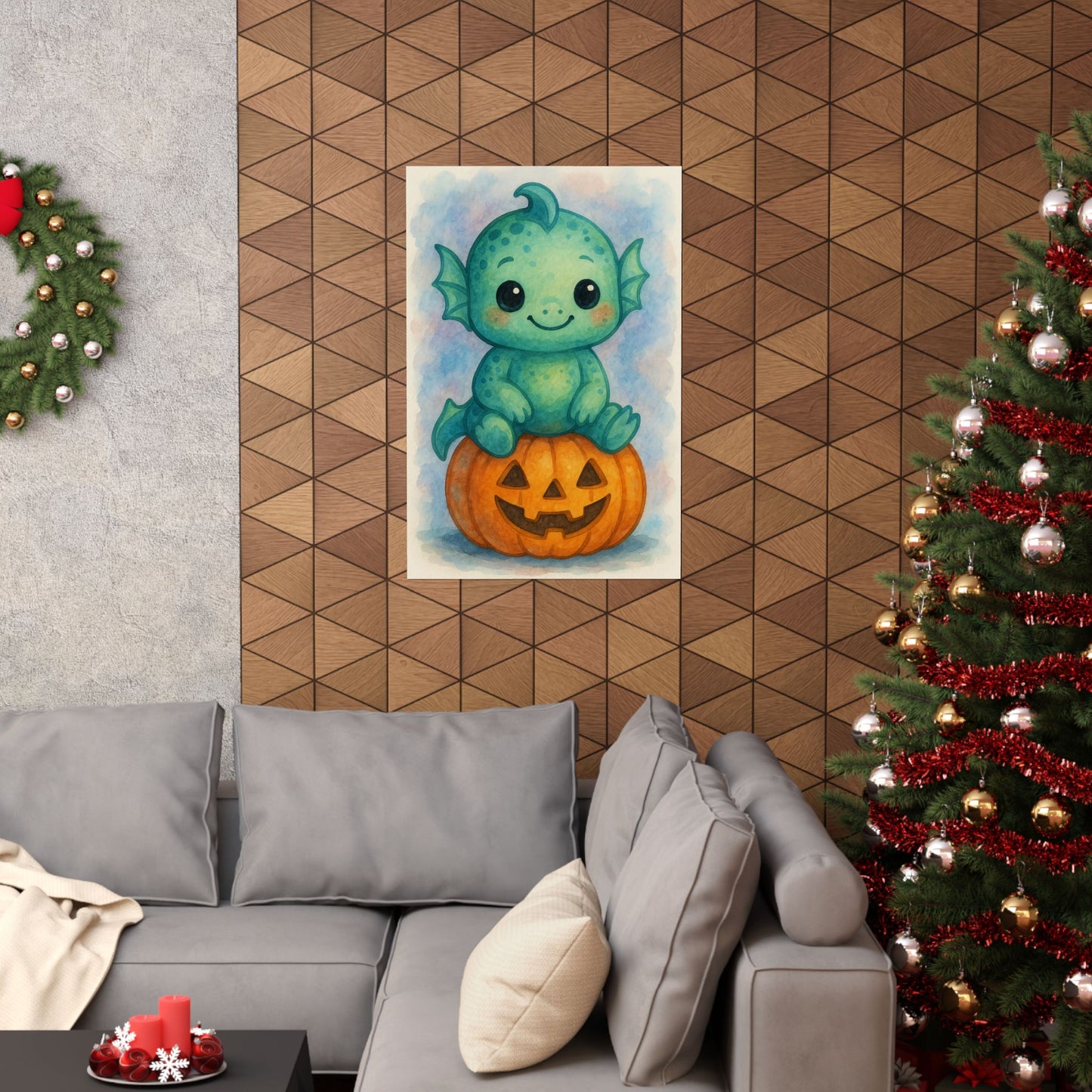 Cute Baby Sea Monster Halloween Wall Art Poster – Watercolor Monster Print on Pumpkin – Whimsical Nursery & Holiday Decor