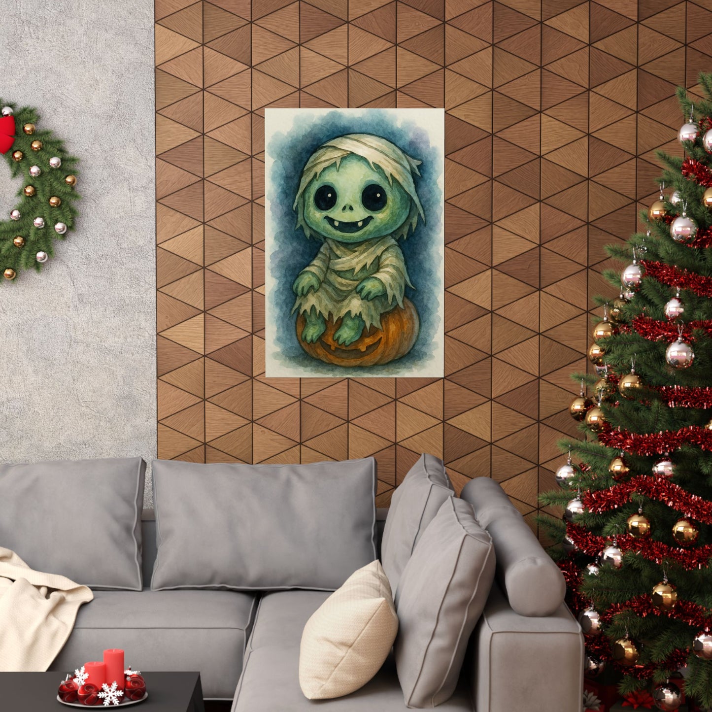 Cute Baby Ghoul Monster Halloween Wall Art Poster – Watercolor Monster Print on Pumpkin
