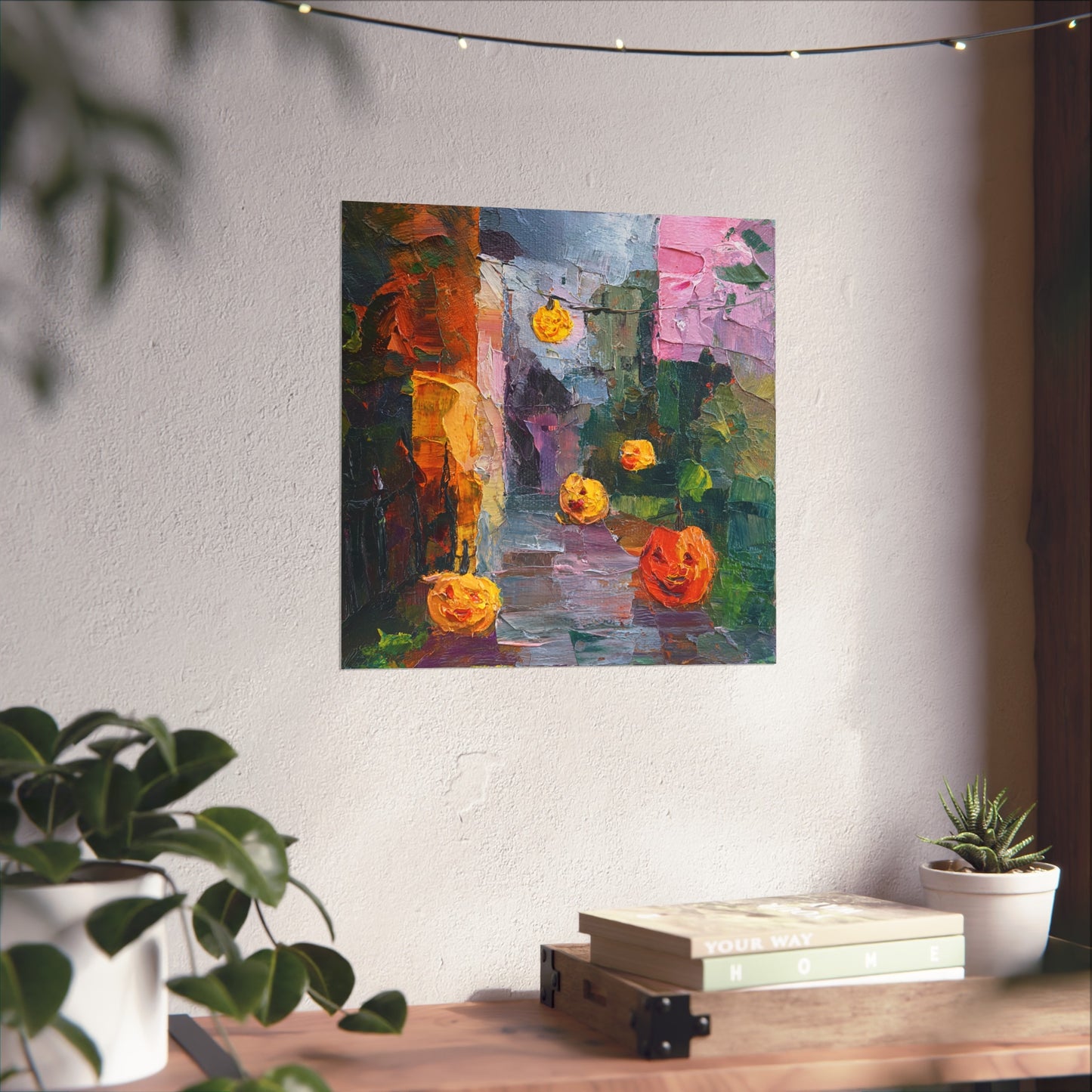 Halloween Pumpkin Abstract Fine Art Print – Colorful Street Scene Wall Art Poster, Modern Autumn Home Decor
