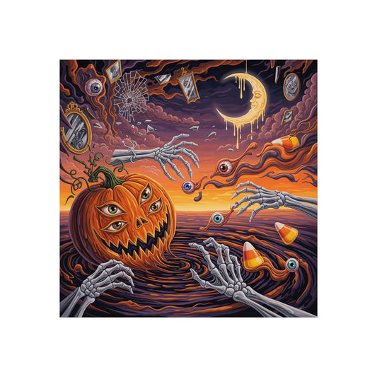 Surreal Halloween Fine Art Print – Three-Eyed Pumpkin, Skeleton Hands & Dripping Moon Wall Art Poster, Gothic Surrealism Decor