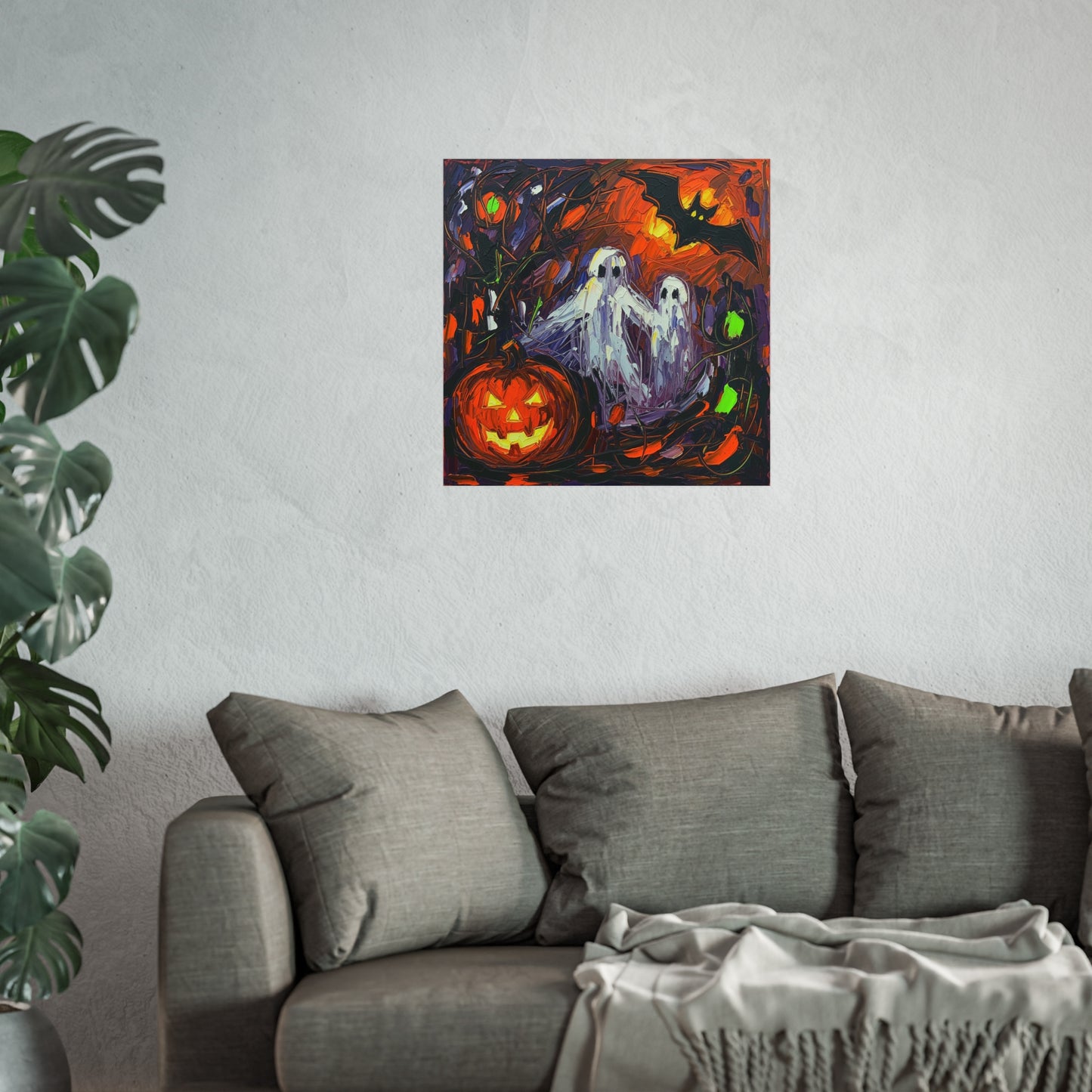 Halloween Ghosts & Pumpkin Abstract Fine Art Print β Spooky Bat Night Wall Art Poster, Painterly Gothic Autumn Decor