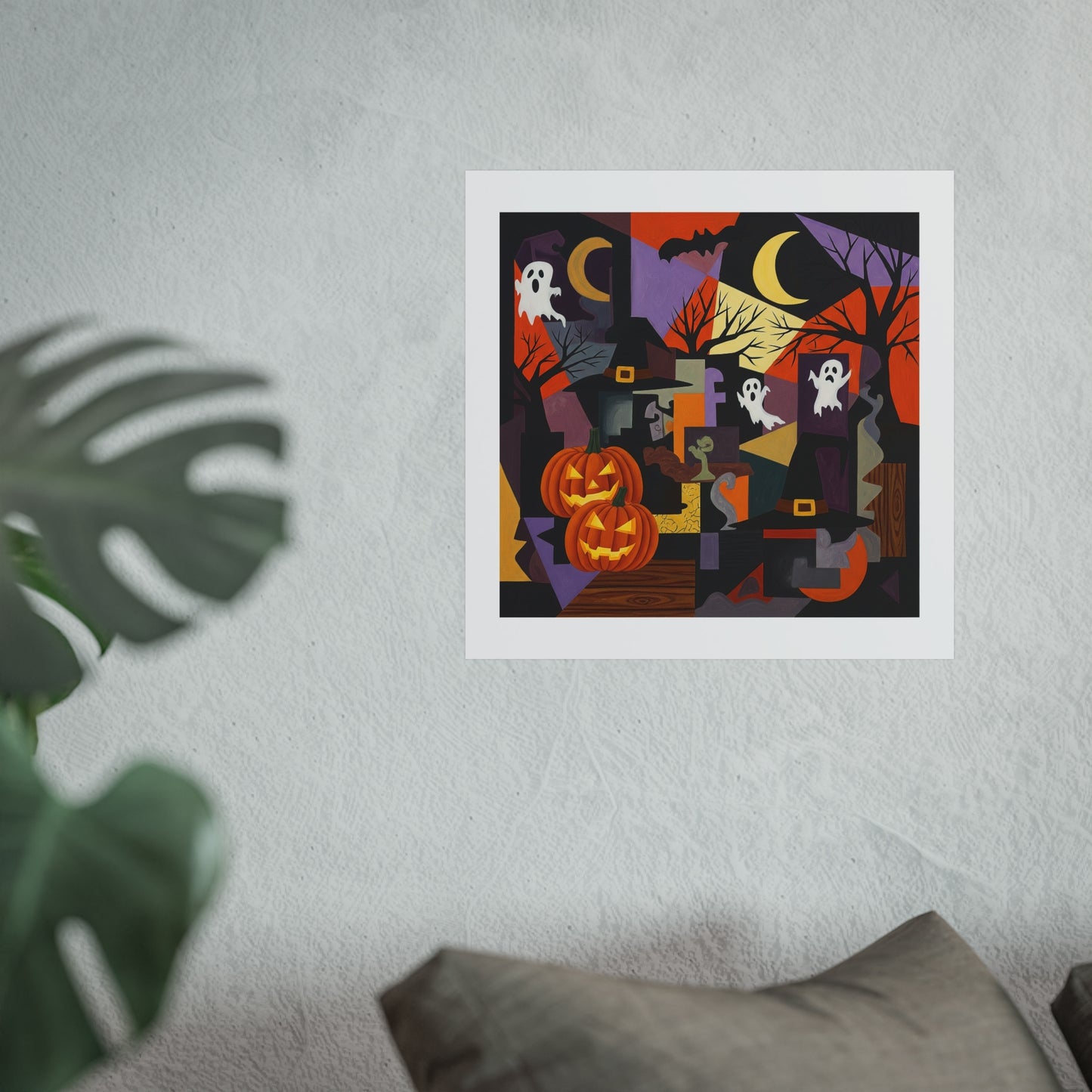 Halloween Cubist Abstract Fine Art Print – Pumpkins, Ghosts & Haunted Night Wall Art Poster, Modern Spooky Autumn Decor