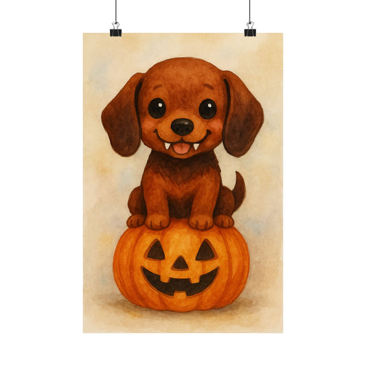 Cute Halloween Puppy Monster Print – Dachshund Puppy on Jack-o’-Lantern Pumpkin | Watercolor Dog Wall Art for Fall & Halloween Décor