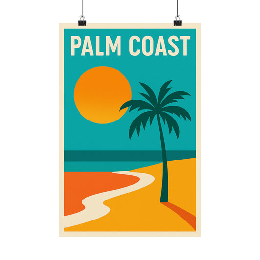 Palm Coast Poster – Retro Florida Travel Wall Art, Vintage Beach Sunset Print, Coastal Palm Tree Decor