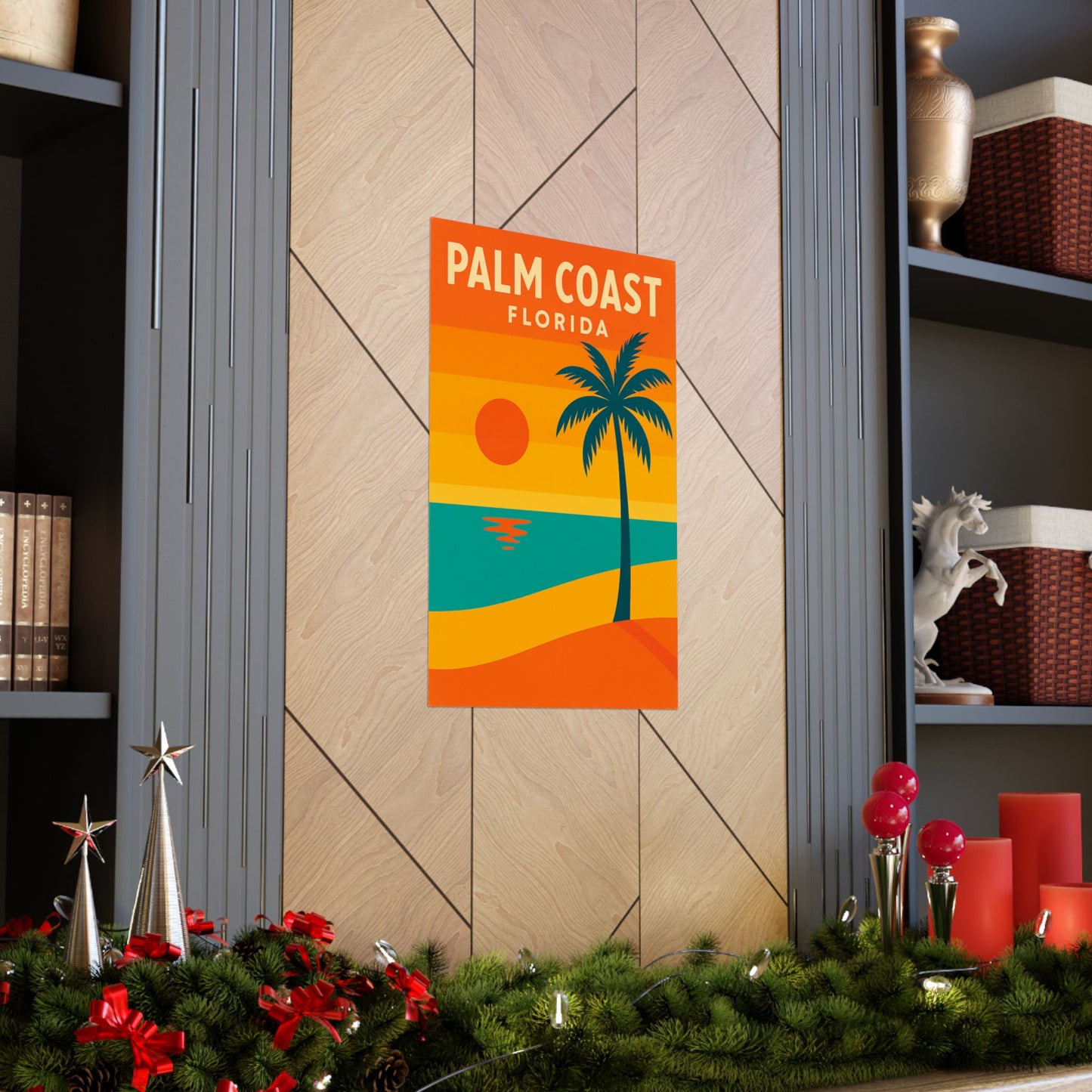 Palm Coast Beach Poster – Retro Travel Print, Tropical Palm Tree & Sunset Wall Art, Coastal Landscape Décor (Various Sizes)