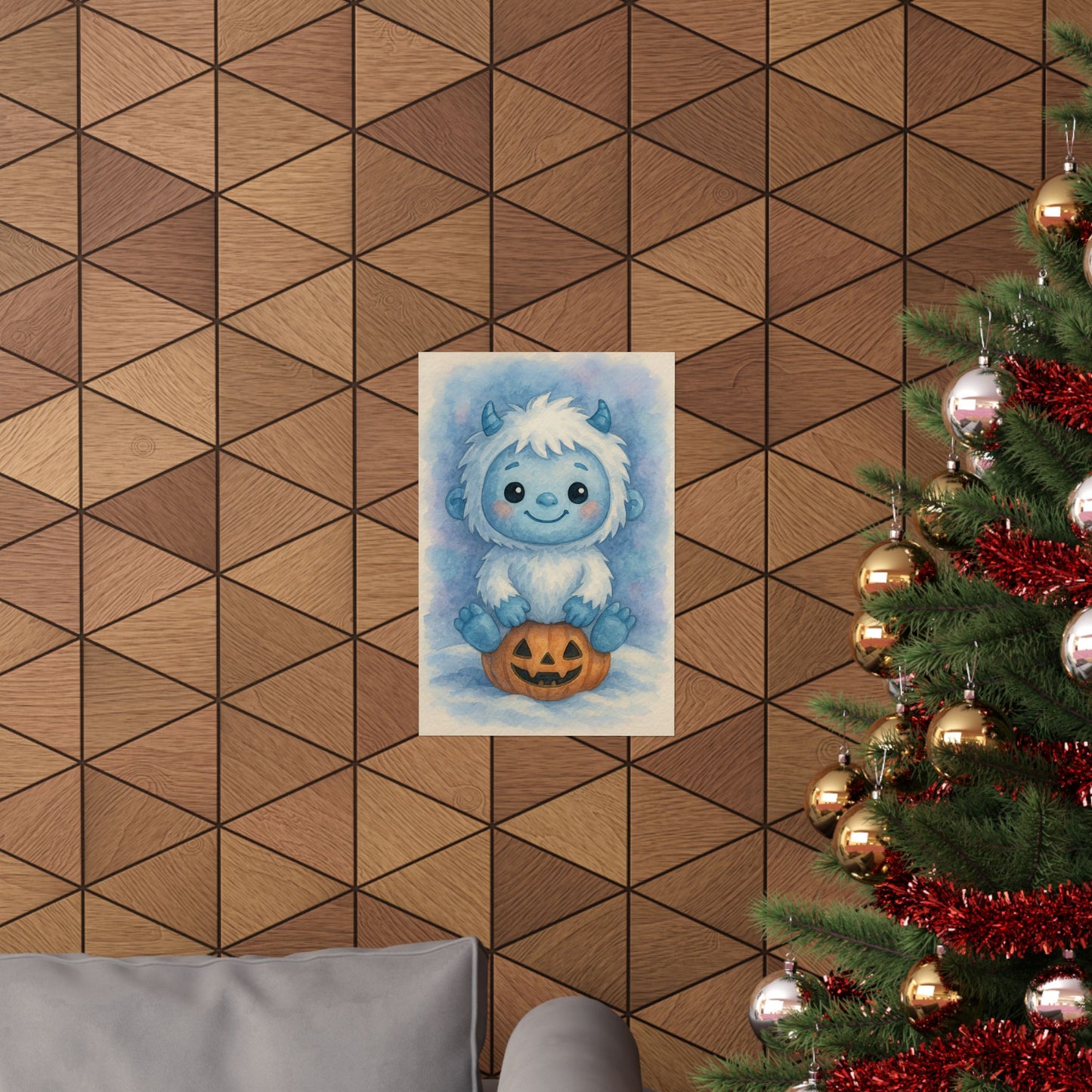 Cute Baby Yeti Halloween Wall Art Poster – Watercolor Monster Print on Pumpkin – Whimsical Nursery & Holiday Decor