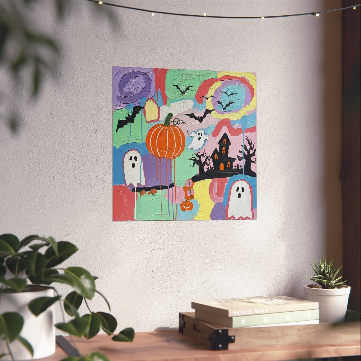 Halloween Pastel Abstract Fine Art Print – Colorful Ghosts, Pumpkin & Haunted House Wall Art Poster, Whimsical Autumn Decor