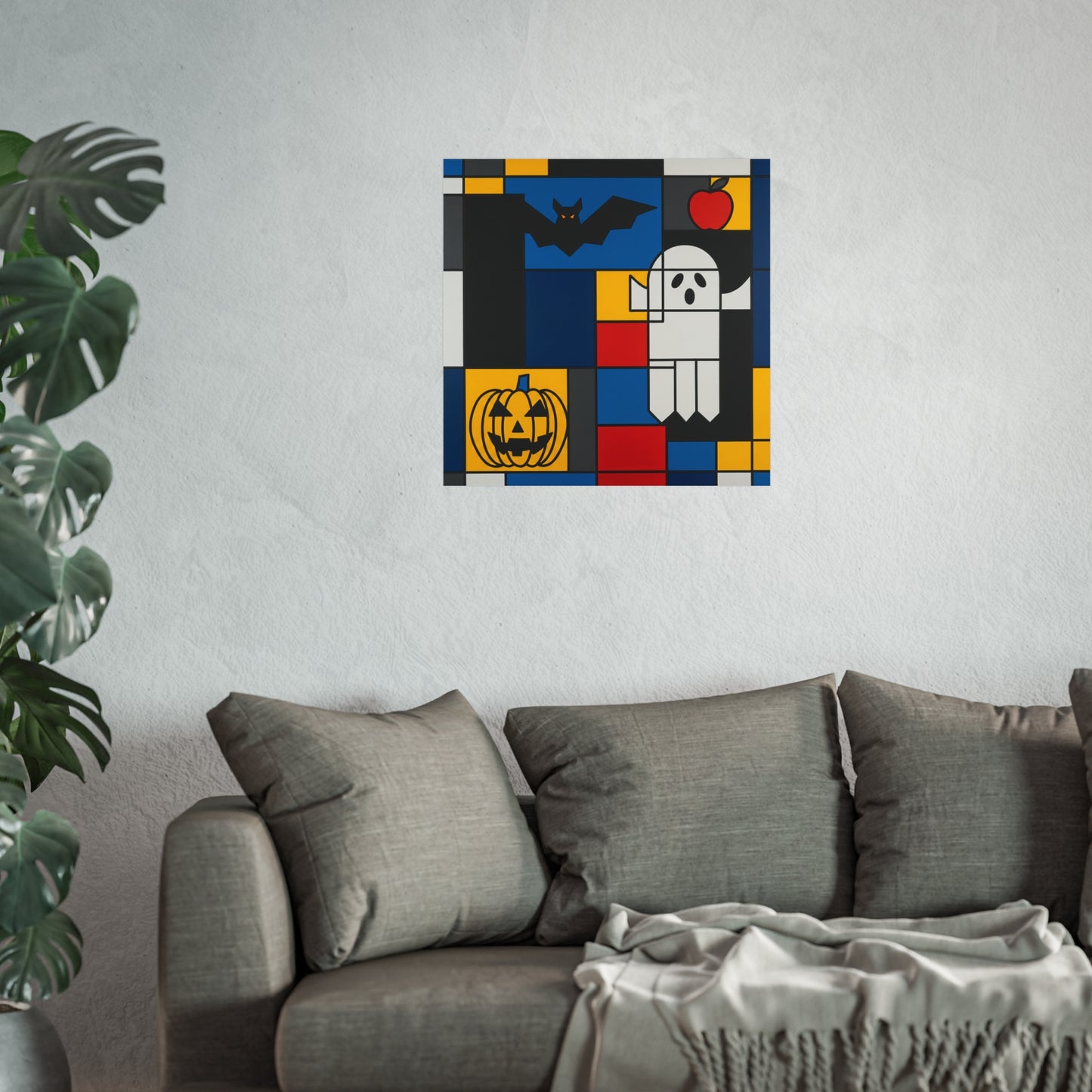 Modern Halloween Abstract Fine Art Print – Geometric Ghost, Bat & Pumpkin Wall Art Poster, Mondrian Style Contemporary Decor