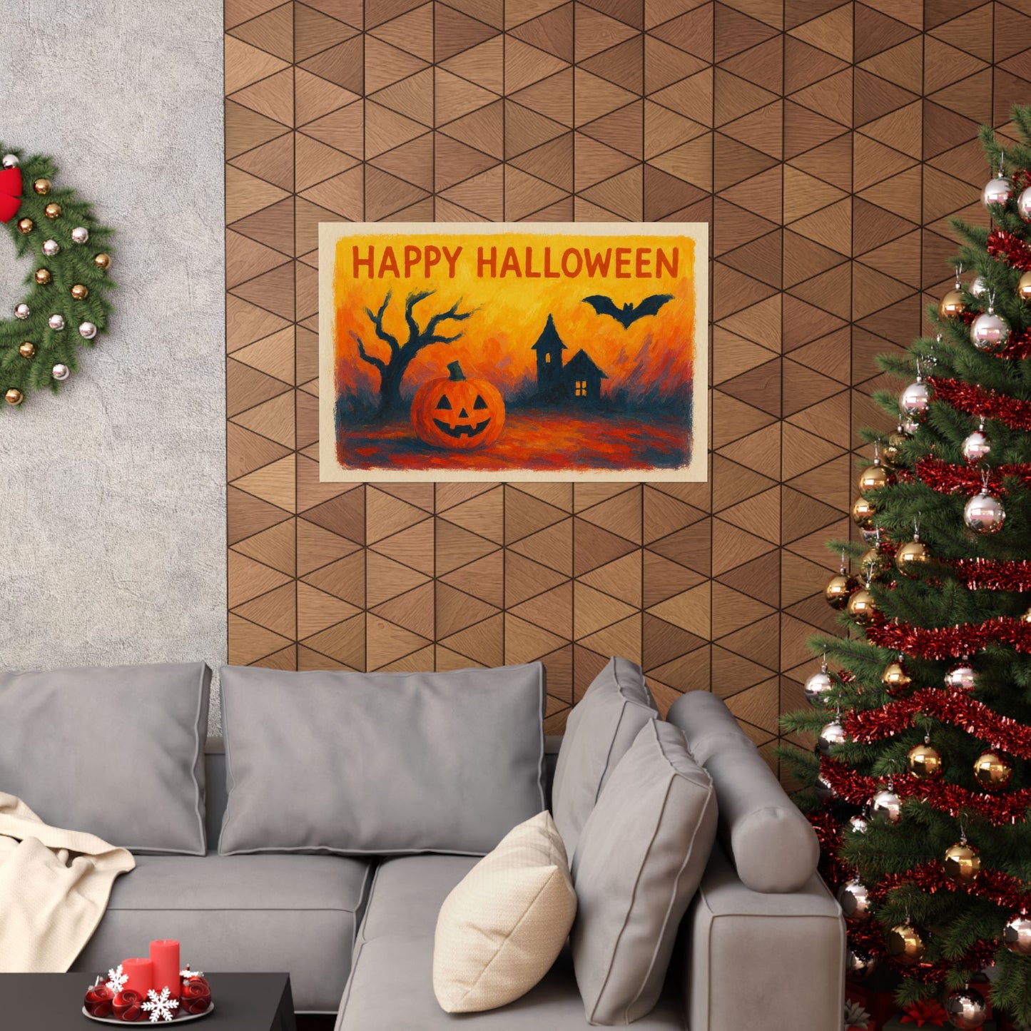 Happy Halloween Pumpkin, Bat, & Spooky House Poster – Spooky Wall Art, Halloween Spirit Decoration, Autumn Home Decor