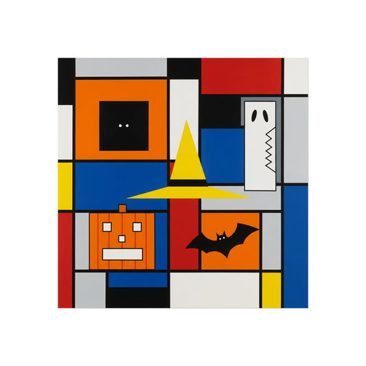 Modern Halloween Abstract Fine Art Print – Geometric Pumpkin, Witch Hat, Bat & Ghost Wall Art Poster, Contemporary Autumn Decor