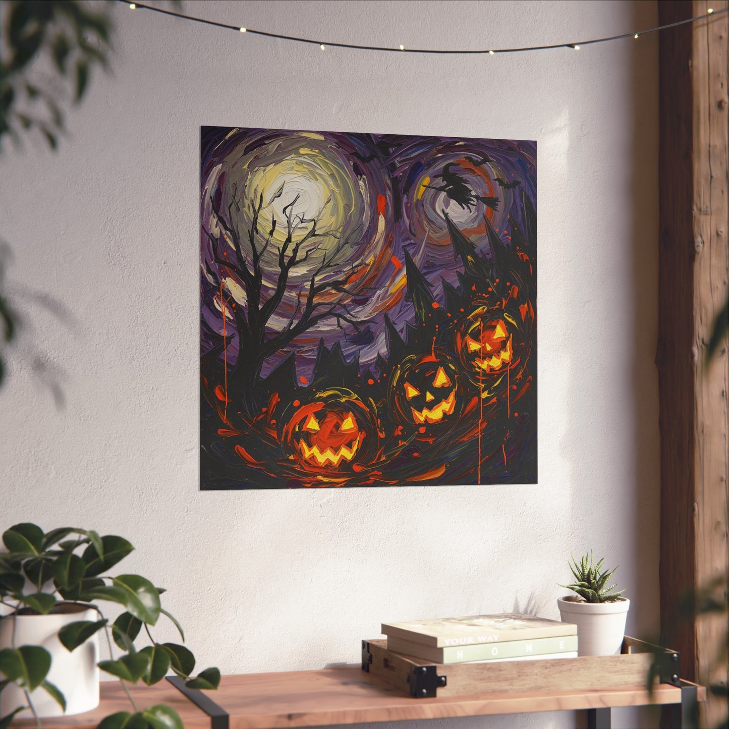 Halloween Pumpkins Fine Art Print – Post-Impressionist Haunted Night Wall Art Poster with Witch & Full Moon