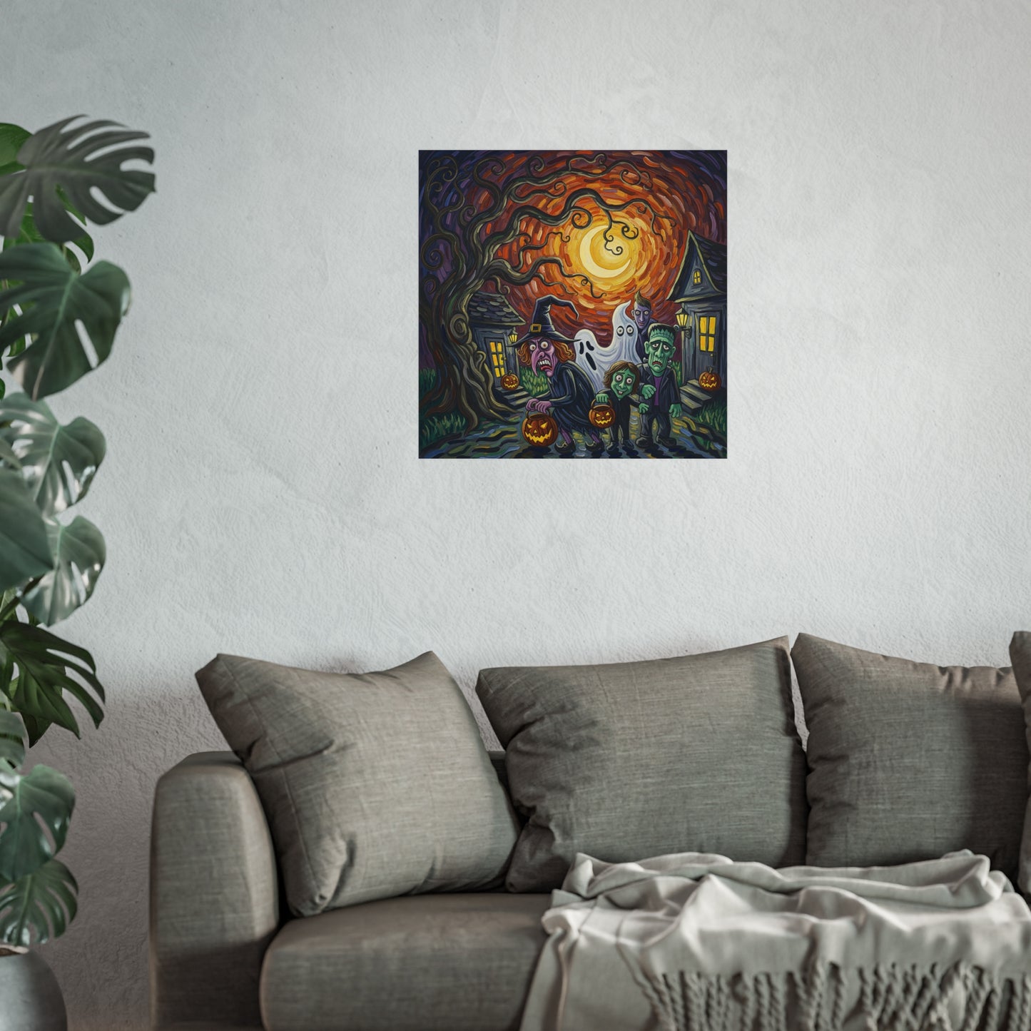 Halloween Monsters Fine Art Print – Post-Impressionist Wall Art Poster with Witch, Ghost, Frankenstein & Spooky Night Scene