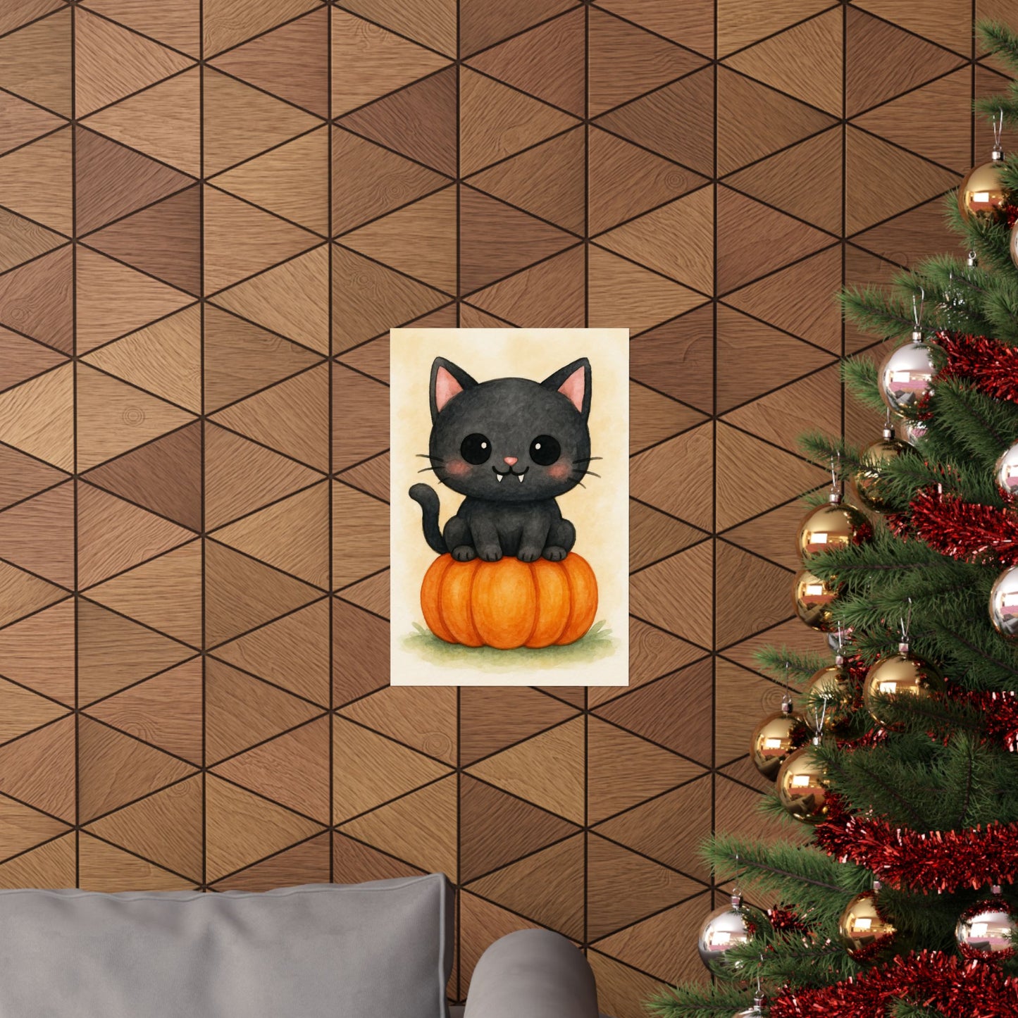 Cute Baby Black Cat Monster Halloween Wall Art Poster – Watercolor Monster Print on Pumpkin – Whimsical Nursery & Holiday Decor